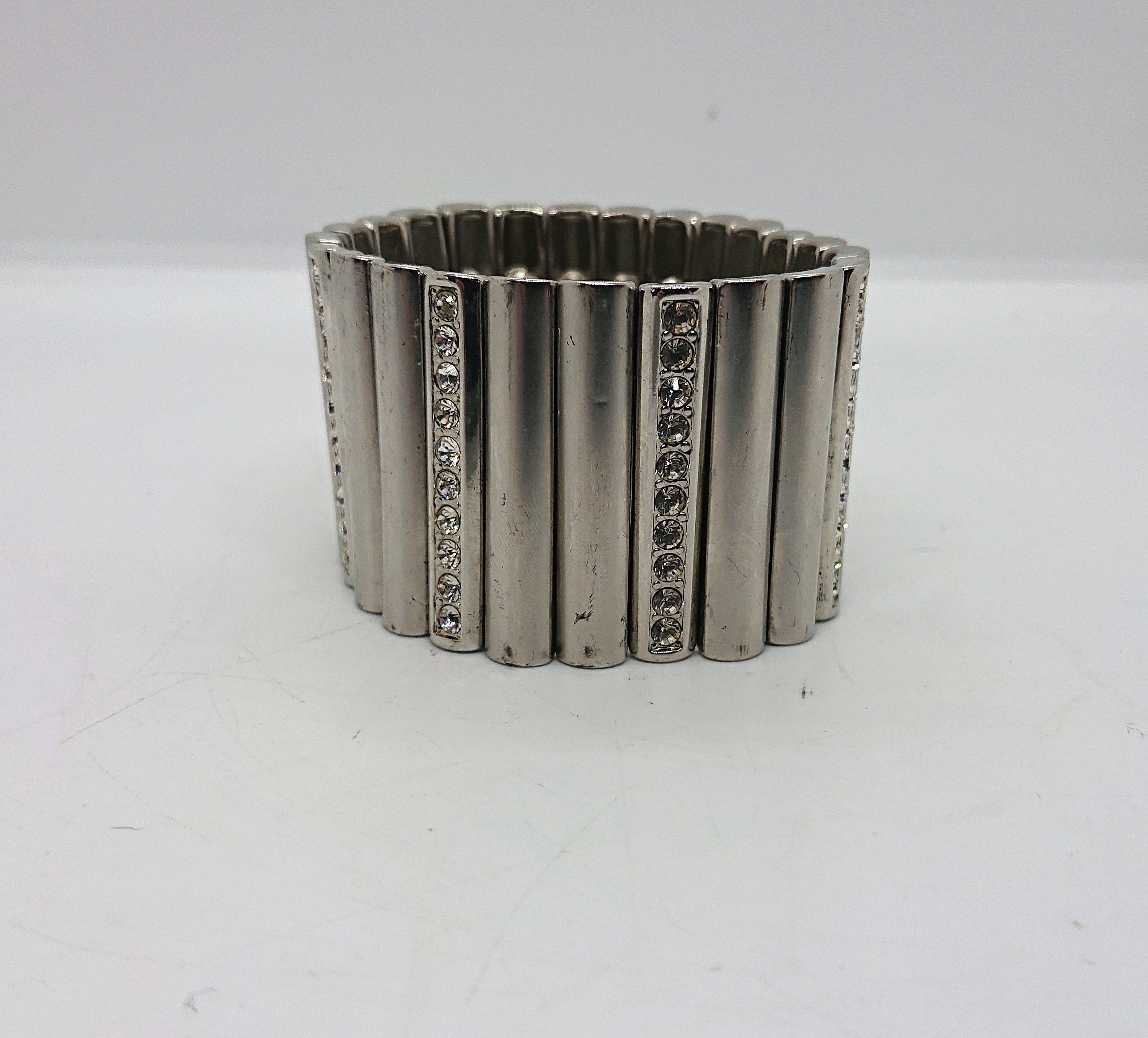 Vintage Silver Tone Rhinestone Bracelet, Chunky Glam Costume Jewelry