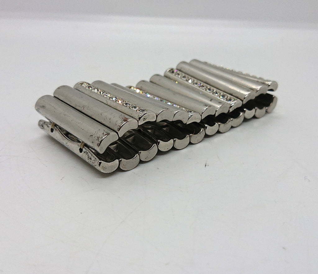 Vintage Silver Tone Rhinestone Bracelet, Chunky Glam Costume Jewelry