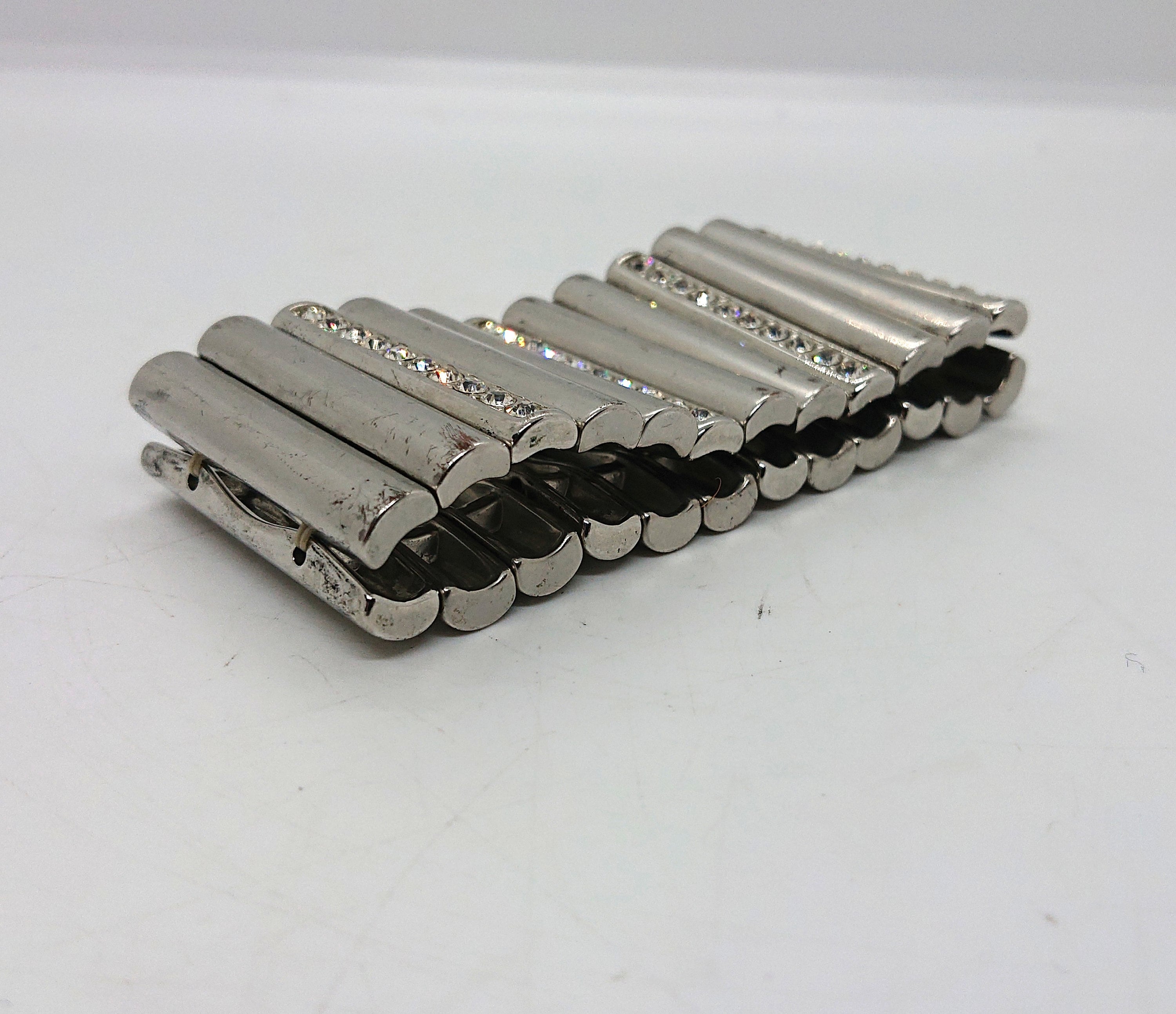 Vintage Silver Tone Rhinestone Bracelet, Chunky Glam Costume Jewelry