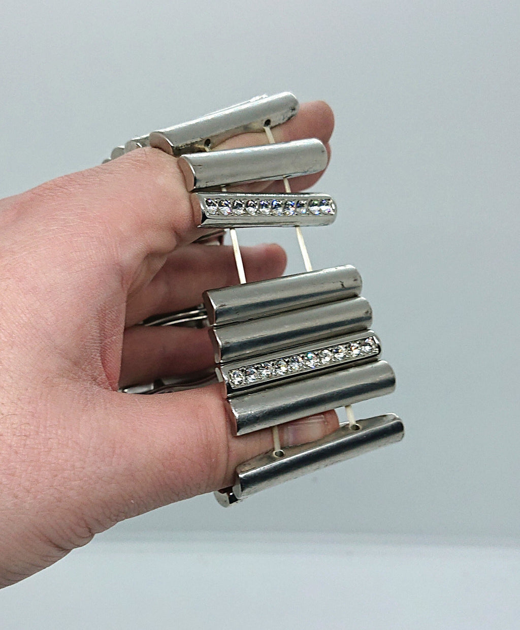 Vintage Silver Tone Rhinestone Bracelet, Chunky Glam Costume Jewelry