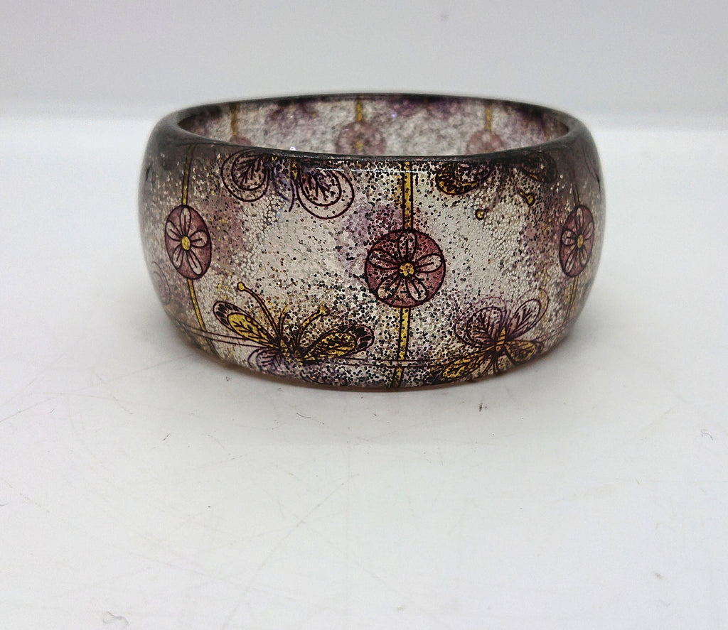 Vintage Chunky Lucite Bangle Butterfly Floral Glitter Bangle Costume Jewellery Jewelry