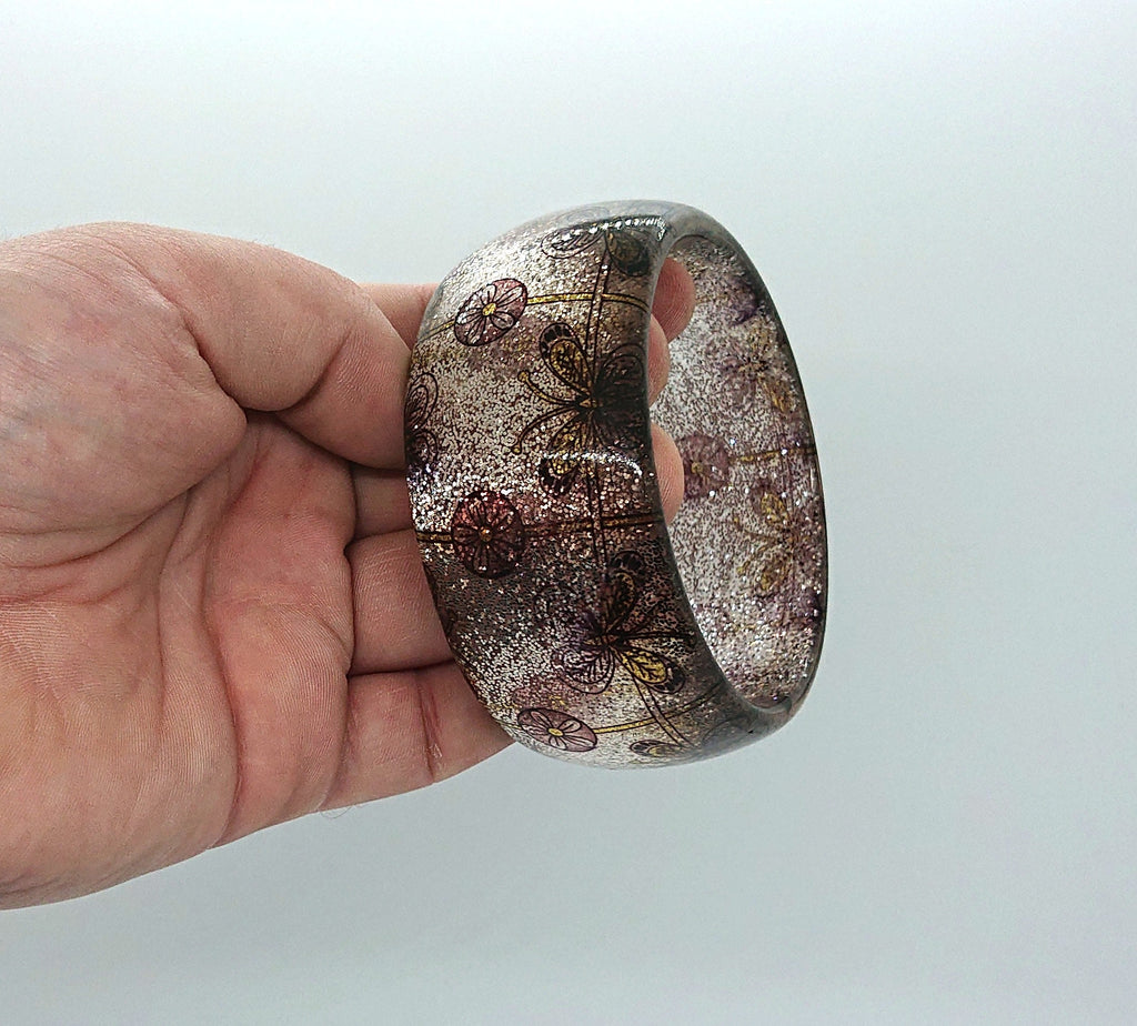 Vintage Chunky Lucite Bangle Butterfly Floral Glitter Bangle Costume Jewellery Jewelry