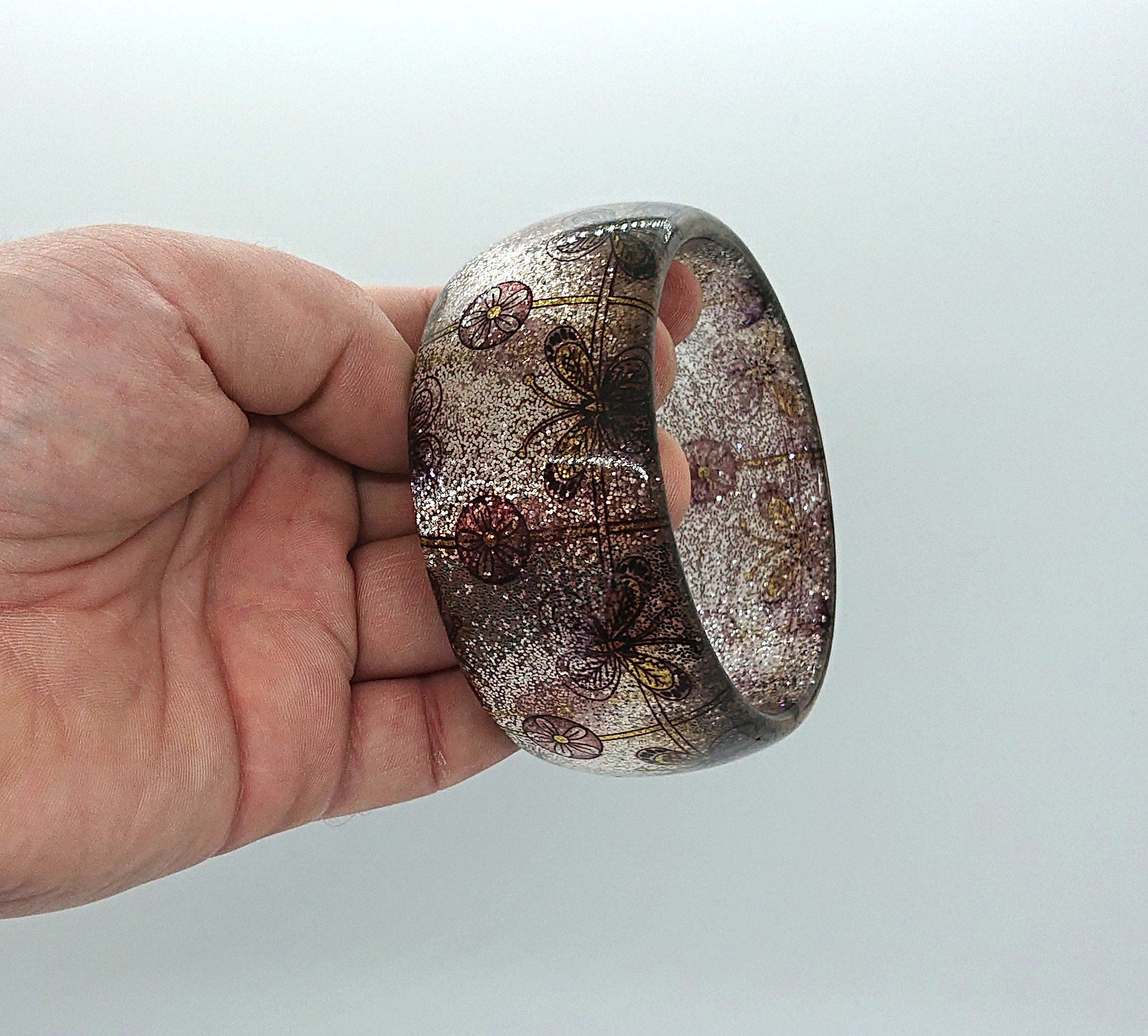 Vintage Chunky Lucite Bangle Butterfly Floral Glitter Bangle Costume Jewellery Jewelry