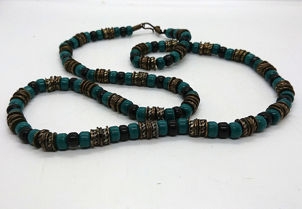 Vintage Long Necklace Ceramic Metal Tourqouise Beaded Chunky Costume Jewellery Tribal Boho Style