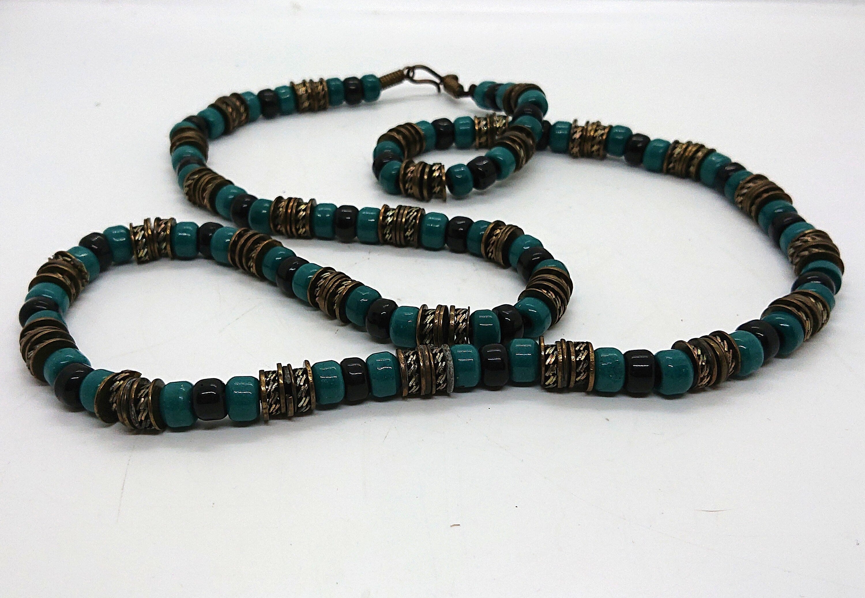 Vintage Long Necklace Ceramic Metal Tourqouise Beaded Chunky Costume Jewellery Tribal Boho Style