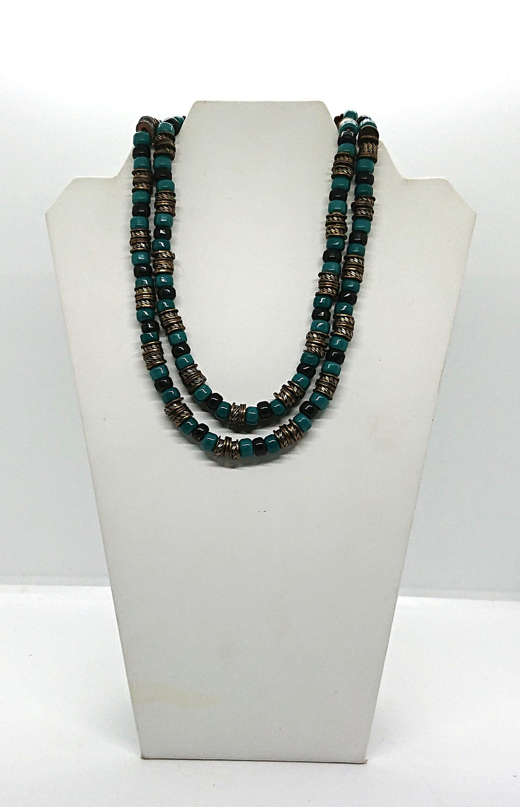 Vintage Long Necklace Ceramic Metal Tourqouise Beaded Chunky Costume Jewellery Tribal Boho Style