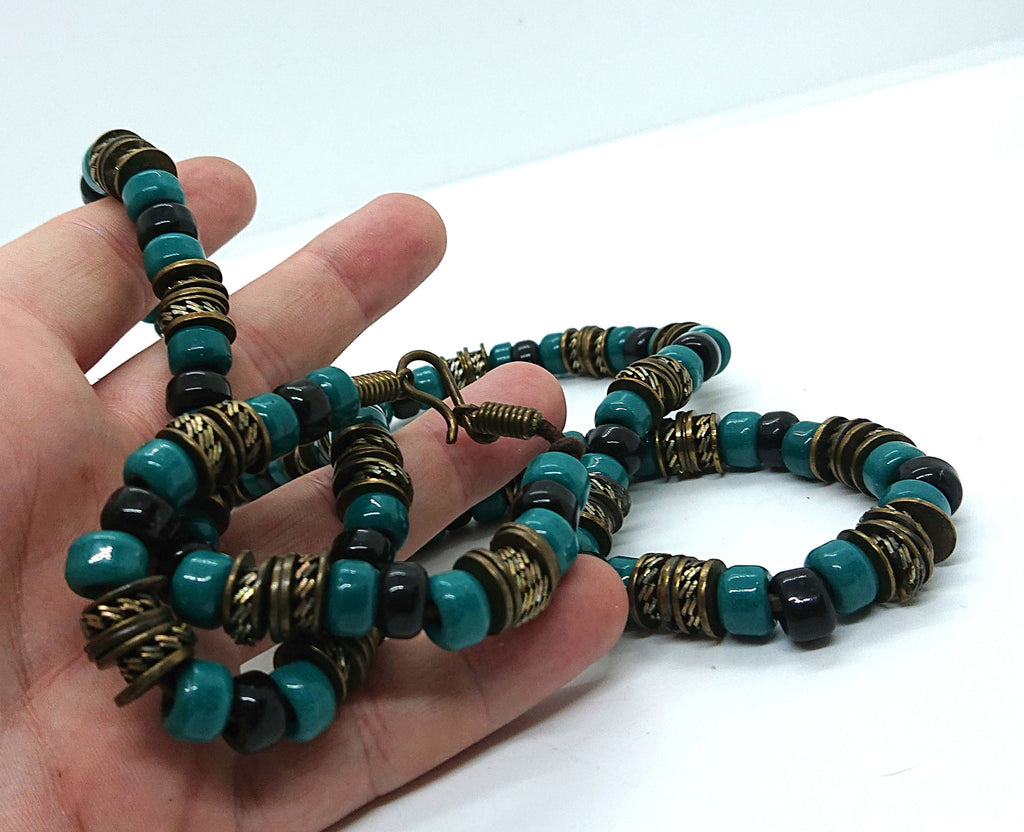 Vintage Long Necklace Ceramic Metal Tourqouise Beaded Chunky Costume Jewellery Tribal Boho Style