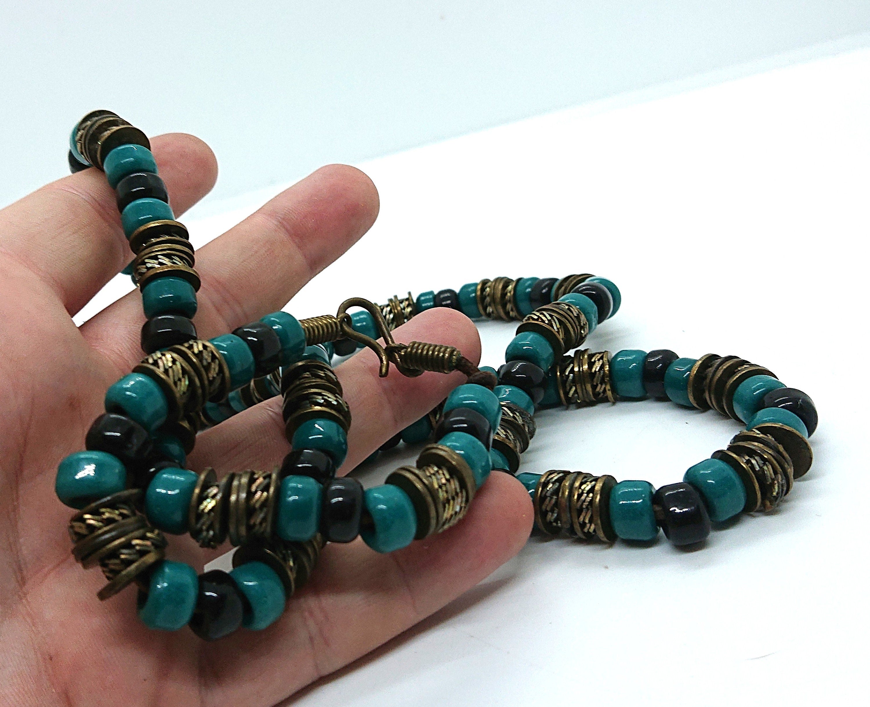 Vintage Long Necklace Ceramic Metal Tourqouise Beaded Chunky Costume Jewellery Tribal Boho Style