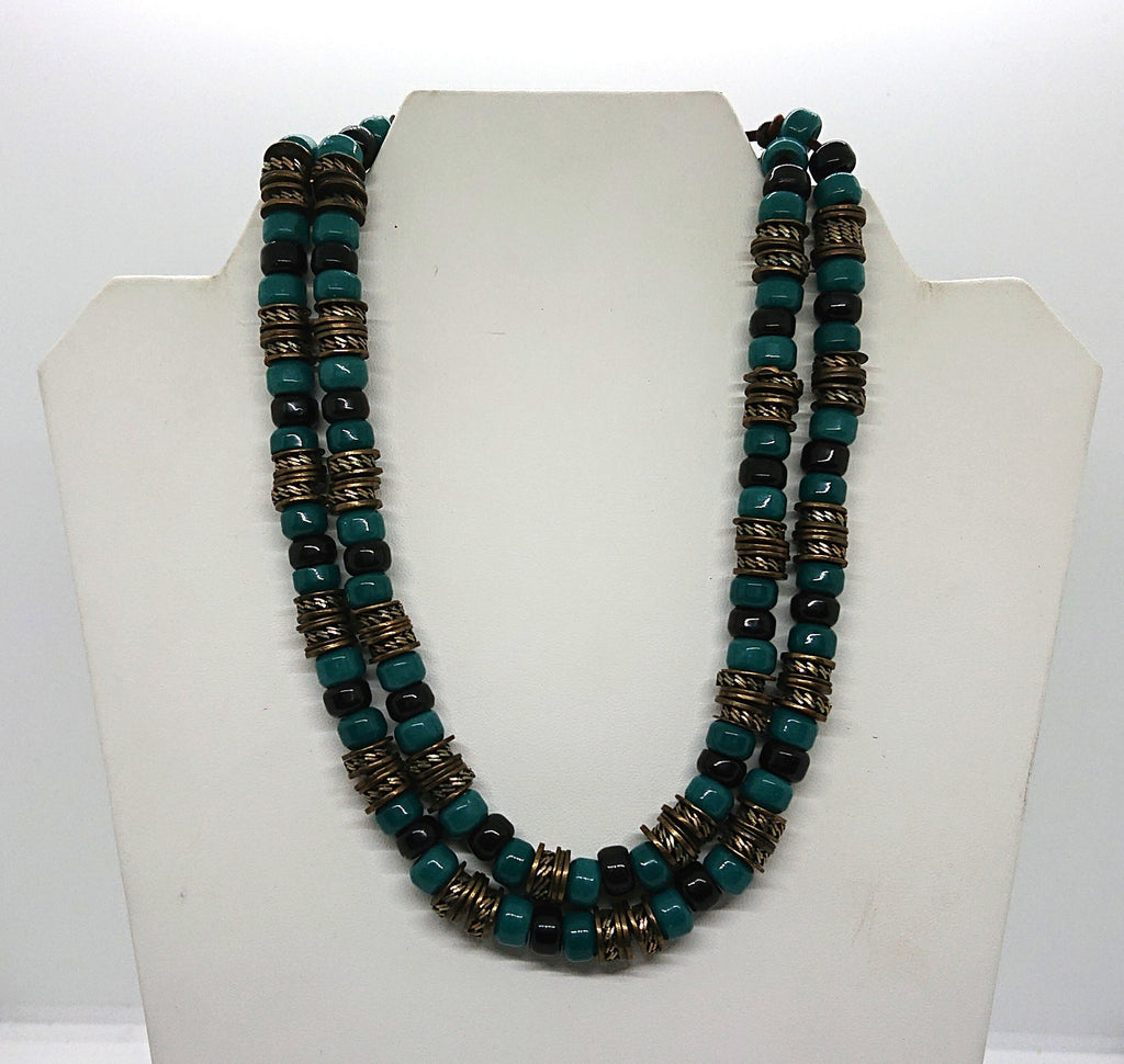 Vintage Long Necklace Ceramic Metal Tourqouise Beaded Chunky Costume Jewellery Tribal Boho Style