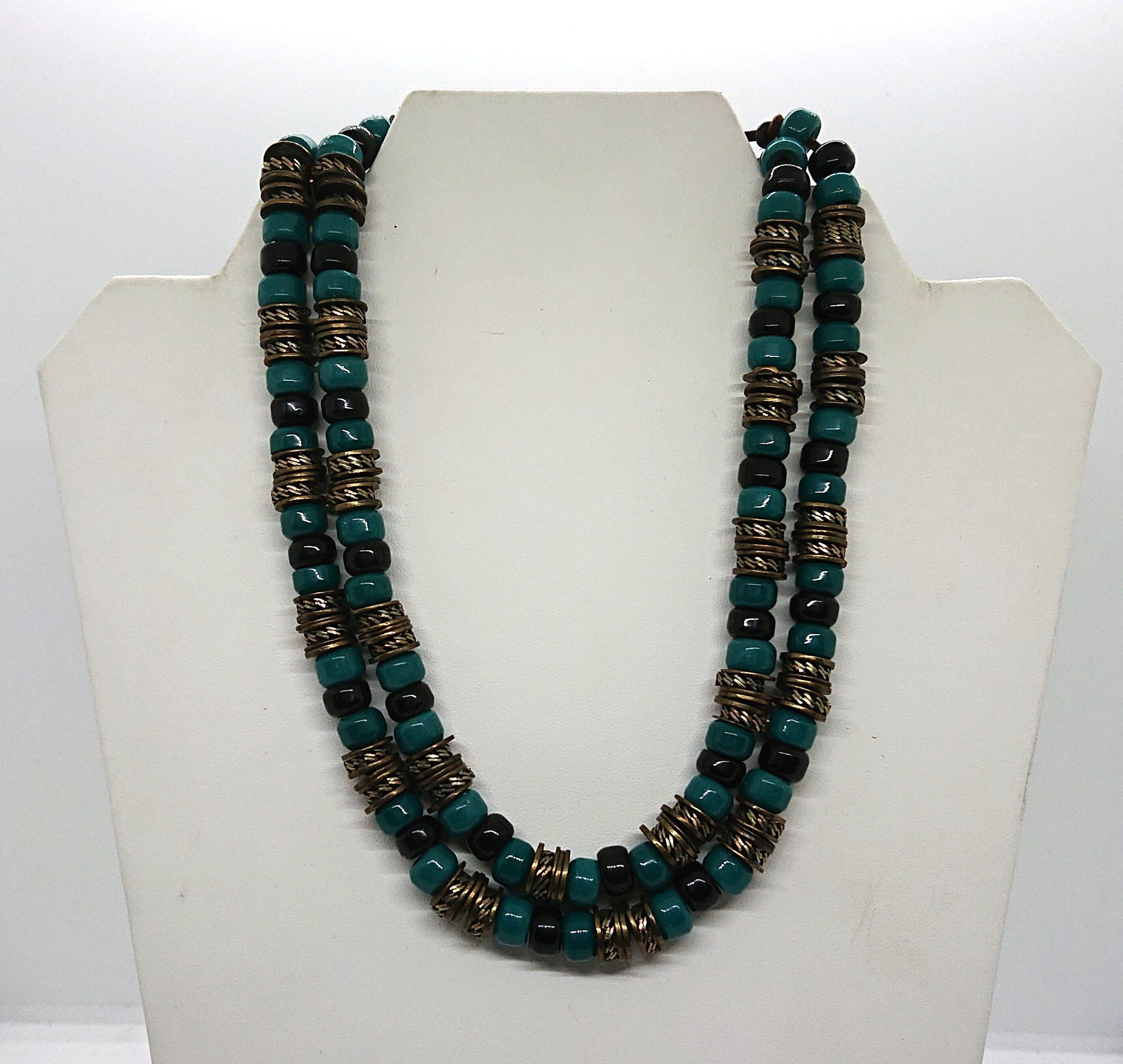 Vintage Long Necklace Ceramic Metal Tourqouise Beaded Chunky Costume Jewellery Tribal Boho Style