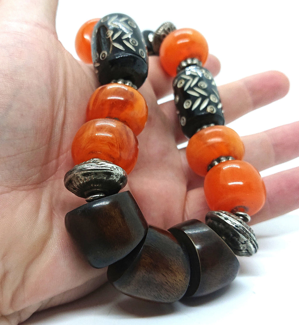 Vintage Lucite Necklace Chunky Beaded Mid Century Wooden Tribal Boho Hippie Costume Jewellery Jewelry