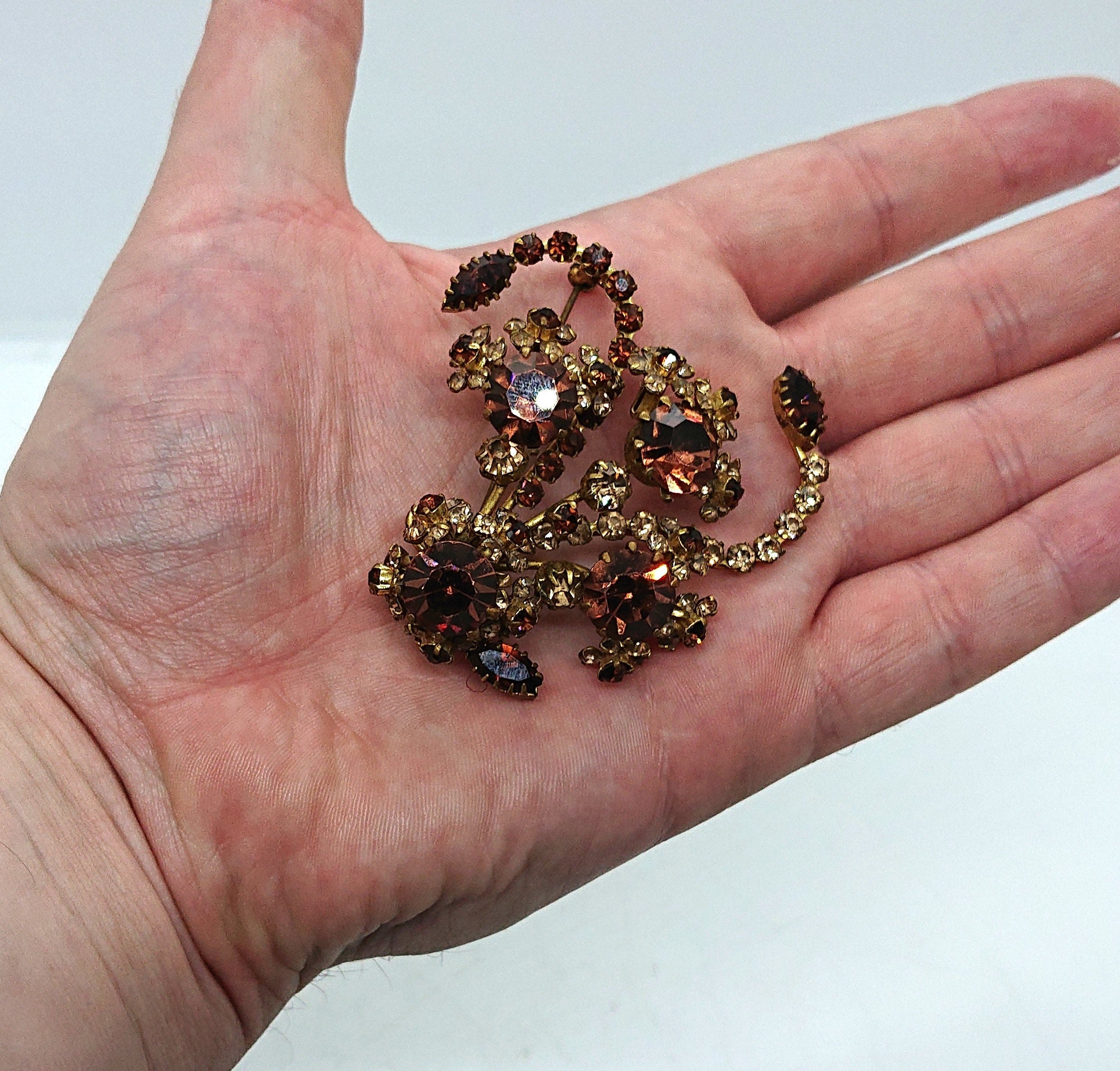 Vintage Floral Rhinestone Brooch, Gold Tone Costume Jewelry