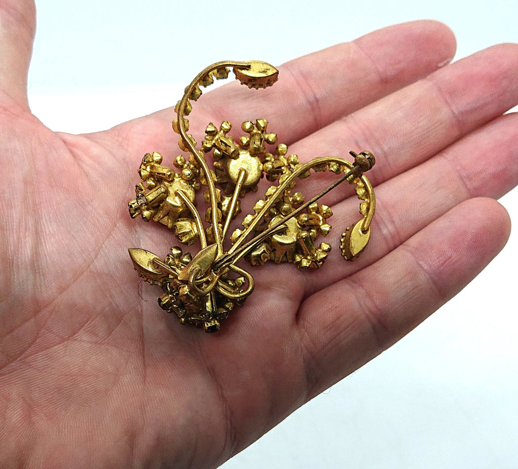 Vintage Floral Rhinestone Brooch, Gold Tone Costume Jewelry