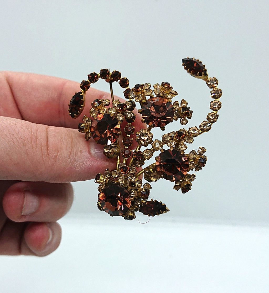 Vintage Floral Rhinestone Brooch, Gold Tone Costume Jewelry
