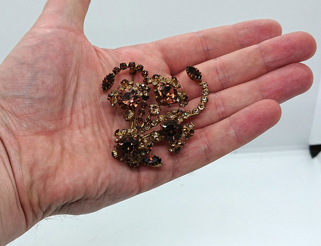 Vintage Floral Rhinestone Brooch, Gold Tone Costume Jewelry