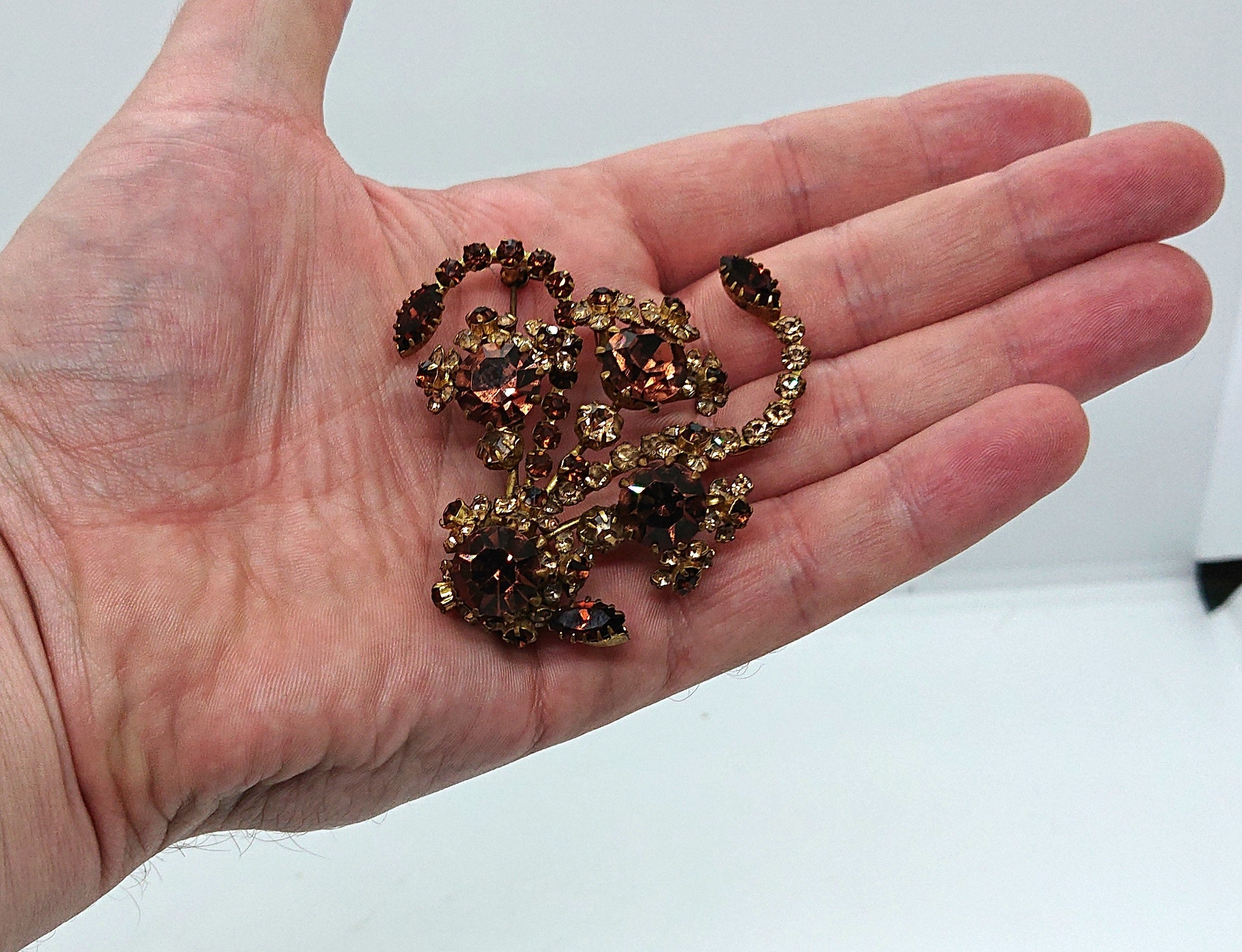 Vintage Floral Rhinestone Brooch, Gold Tone Costume Jewelry