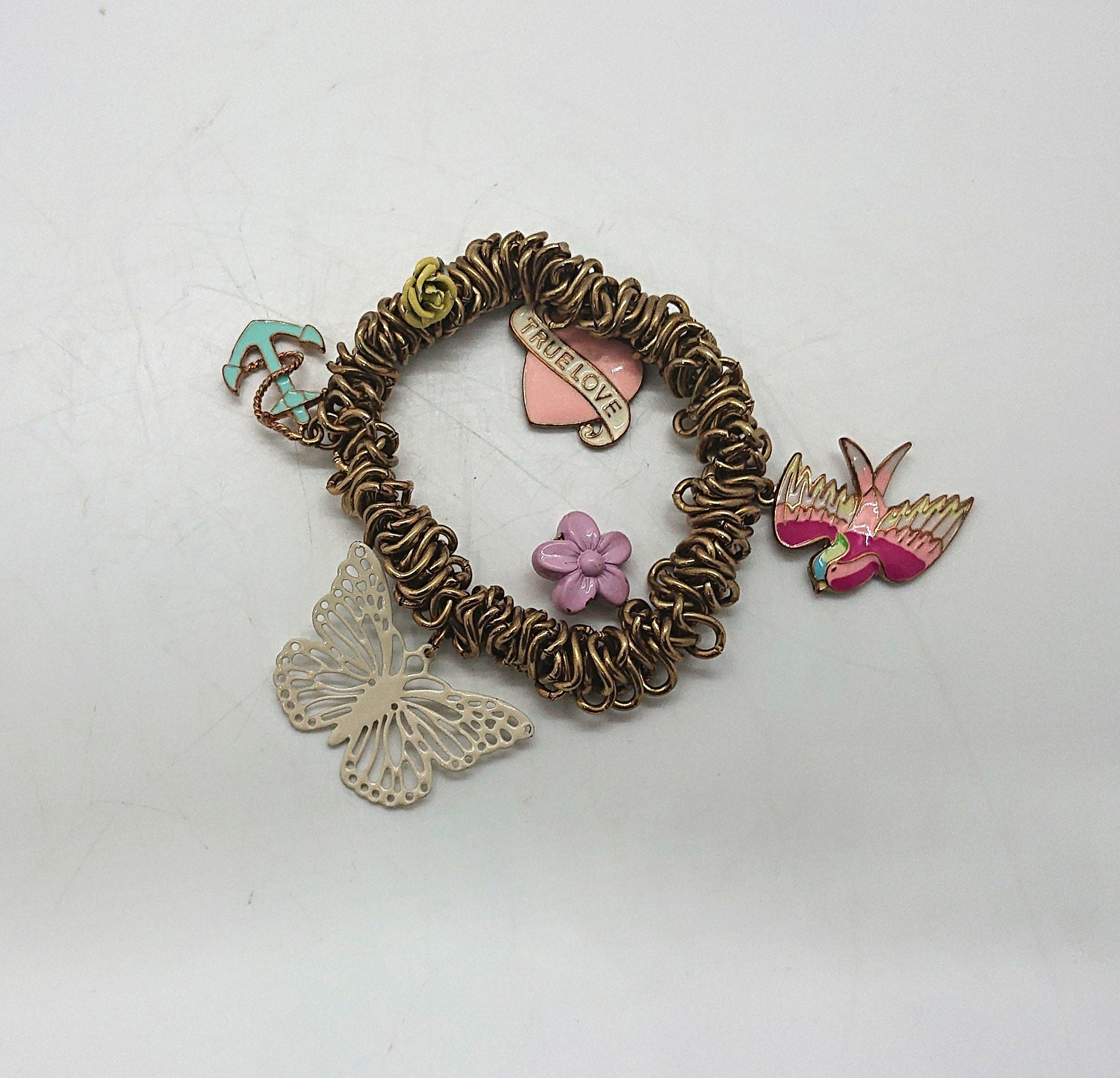 Vintage Gold Tone Charm Bracelet, Boho Butterfly, Heart, Anchor