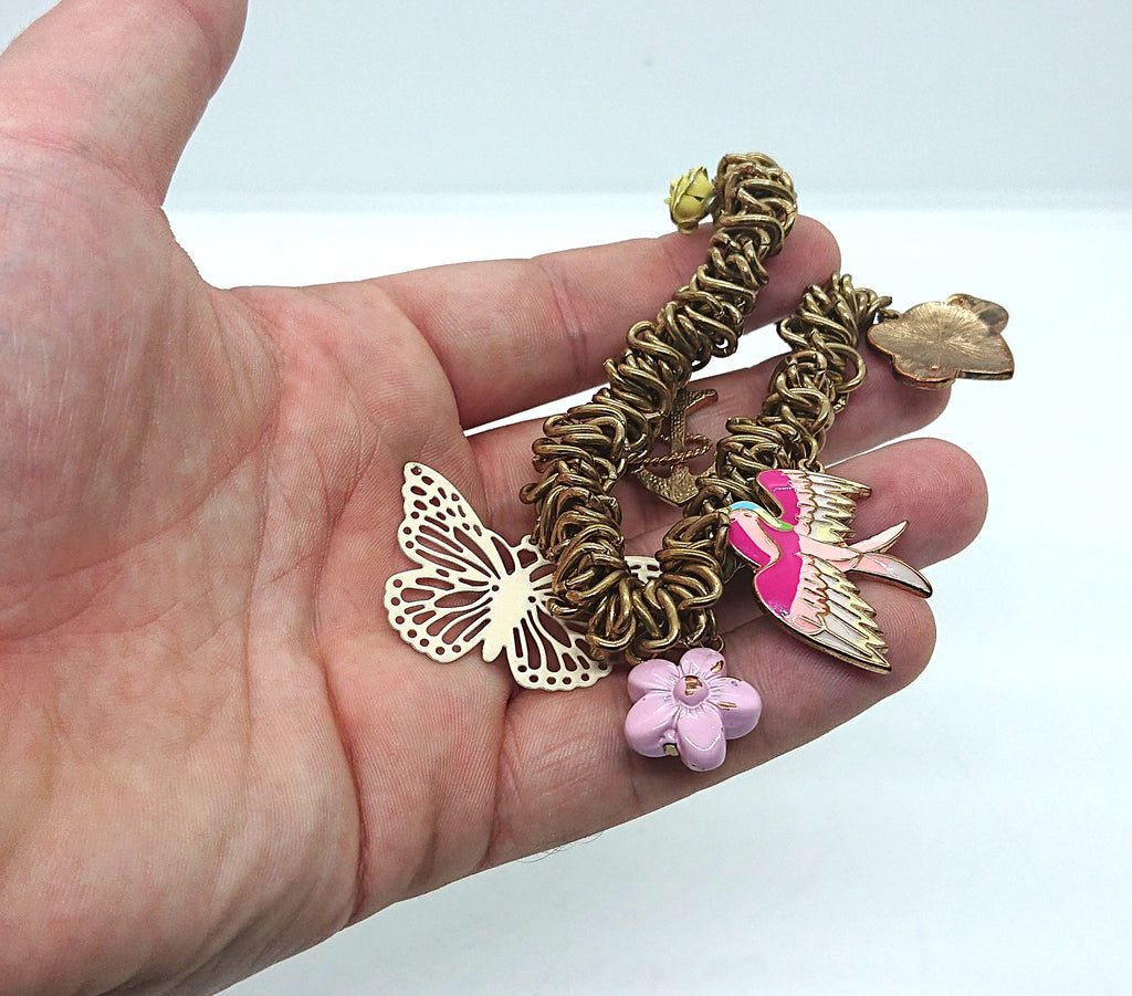 Vintage Gold Tone Charm Bracelet, Boho Butterfly, Heart, Anchor