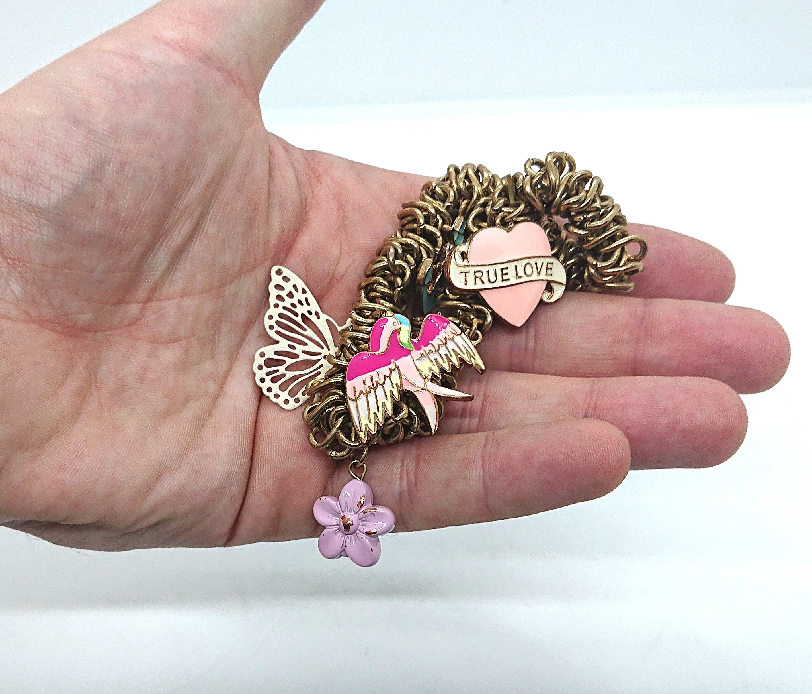 Vintage Gold Tone Charm Bracelet, Boho Butterfly, Heart, Anchor