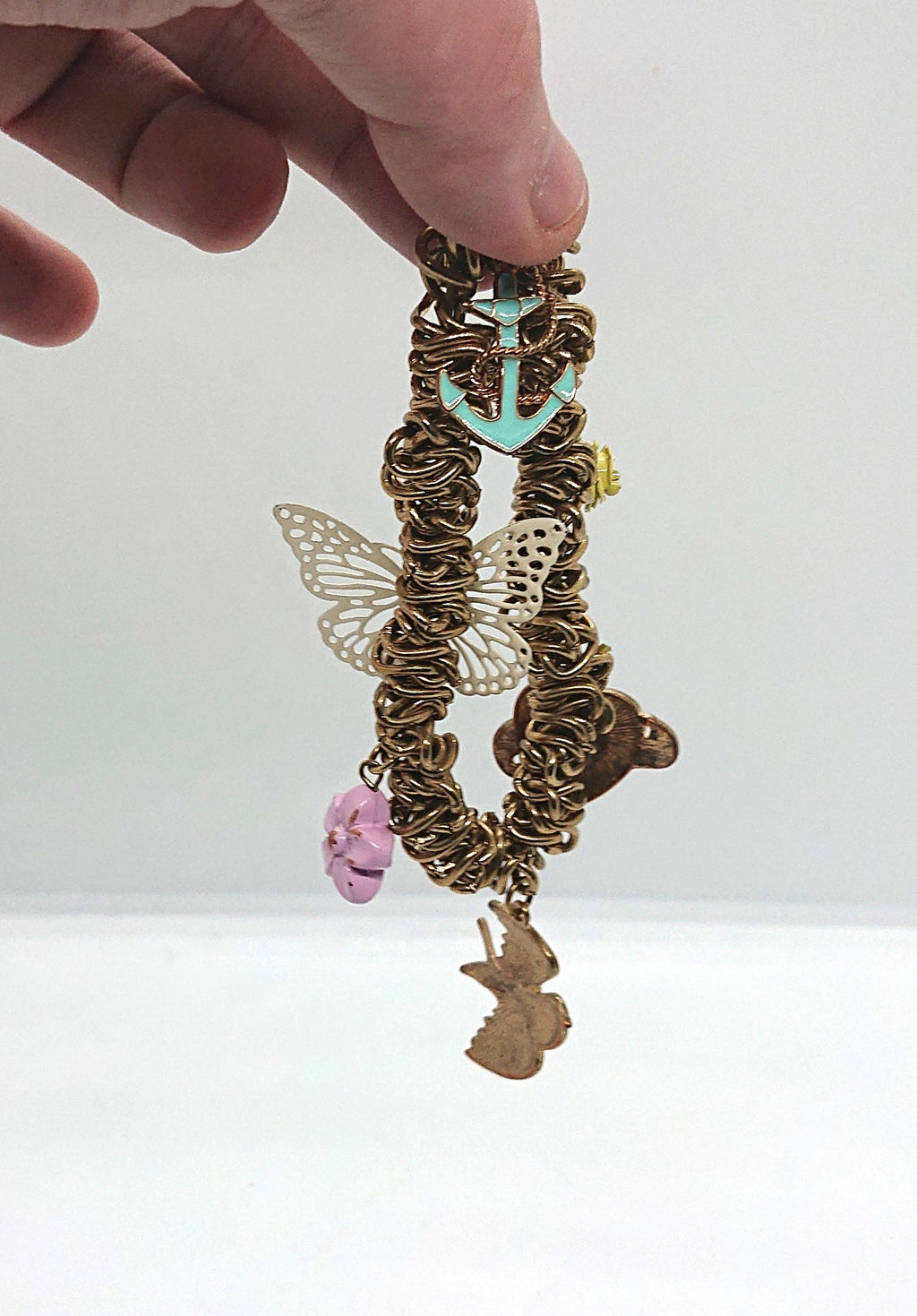Vintage Gold Tone Charm Bracelet, Boho Butterfly, Heart, Anchor