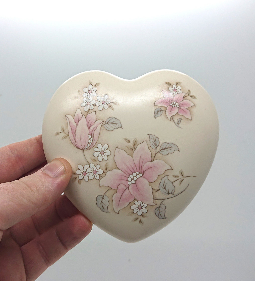 Vintage Heart Shaped Floral Trinket Dish, Aldridge Pottery Lidded Jewelry Box