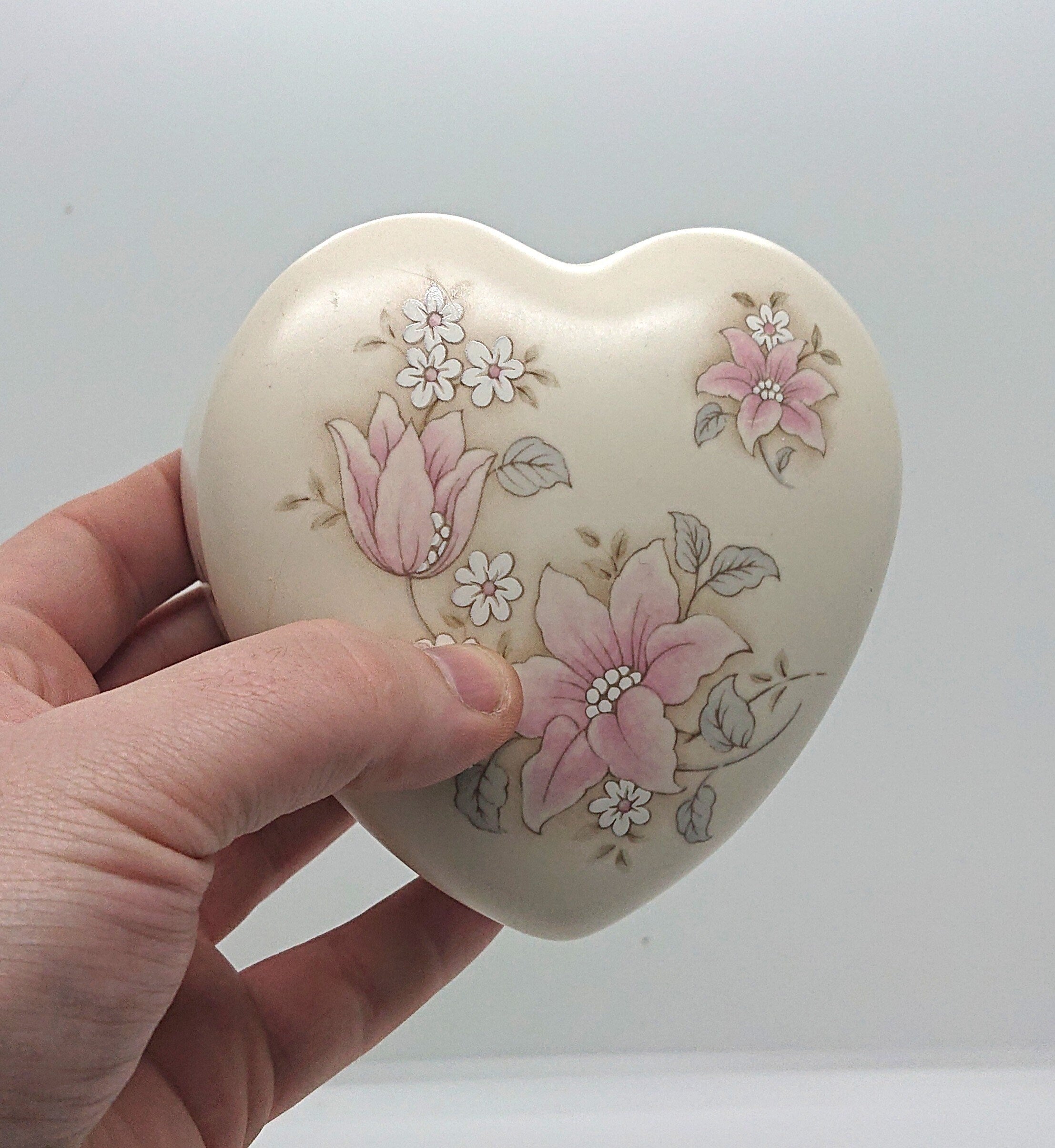 Vintage Heart Shaped Floral Trinket Dish, Aldridge Pottery Lidded Jewelry Box