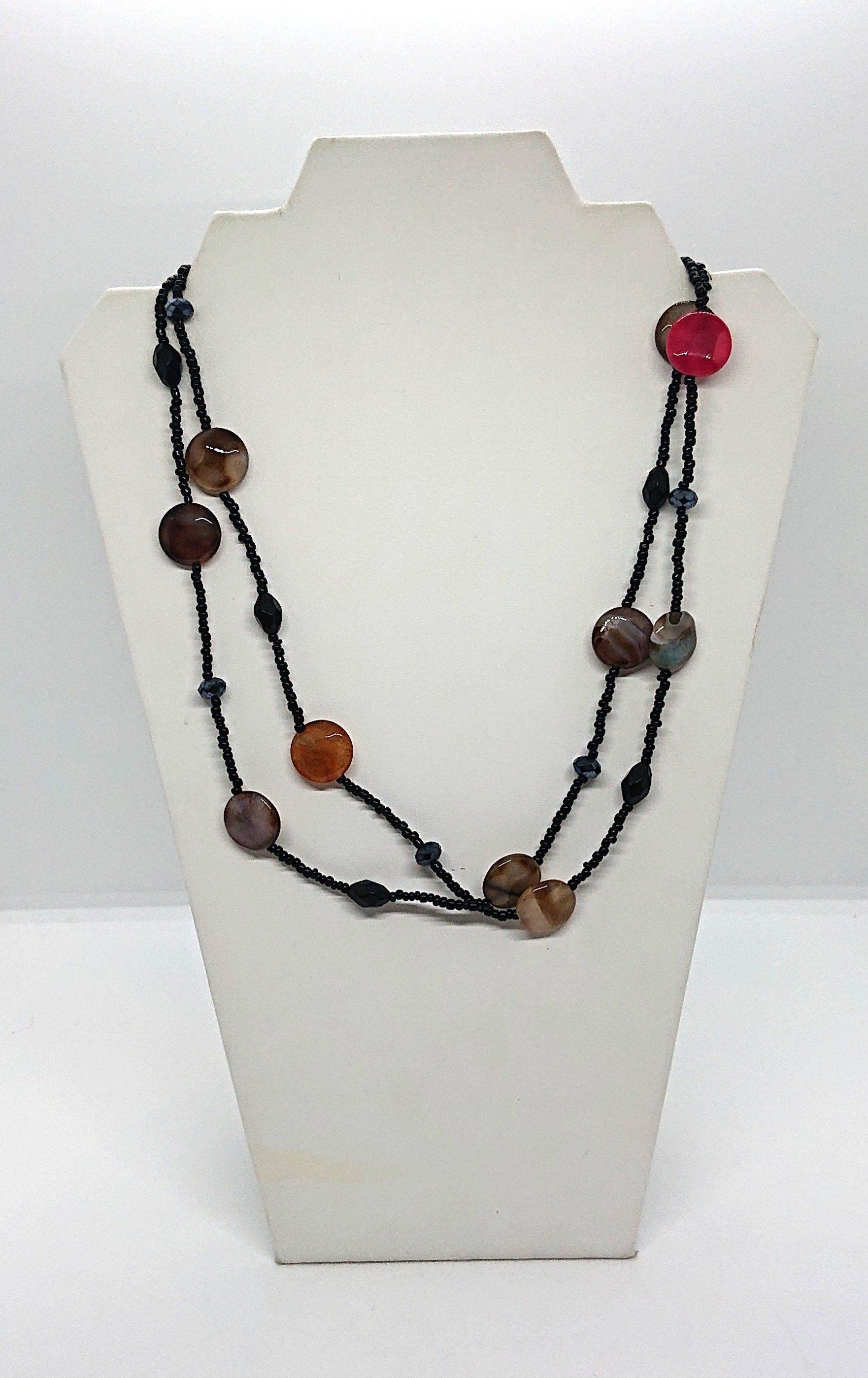 Vintage Pebble Beaded Necklace Long Jet Black A/B Lariat Glass Bead Costume Jewellery Jewelry