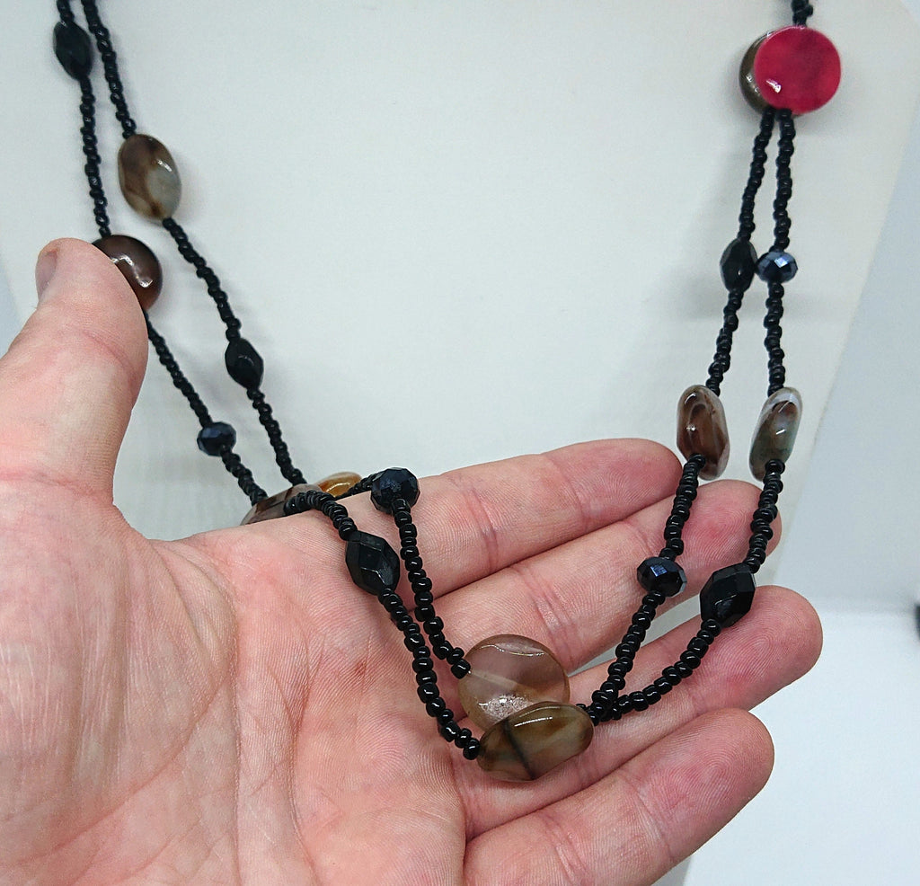 Vintage Pebble Beaded Necklace Long Jet Black A/B Lariat Glass Bead Costume Jewellery Jewelry