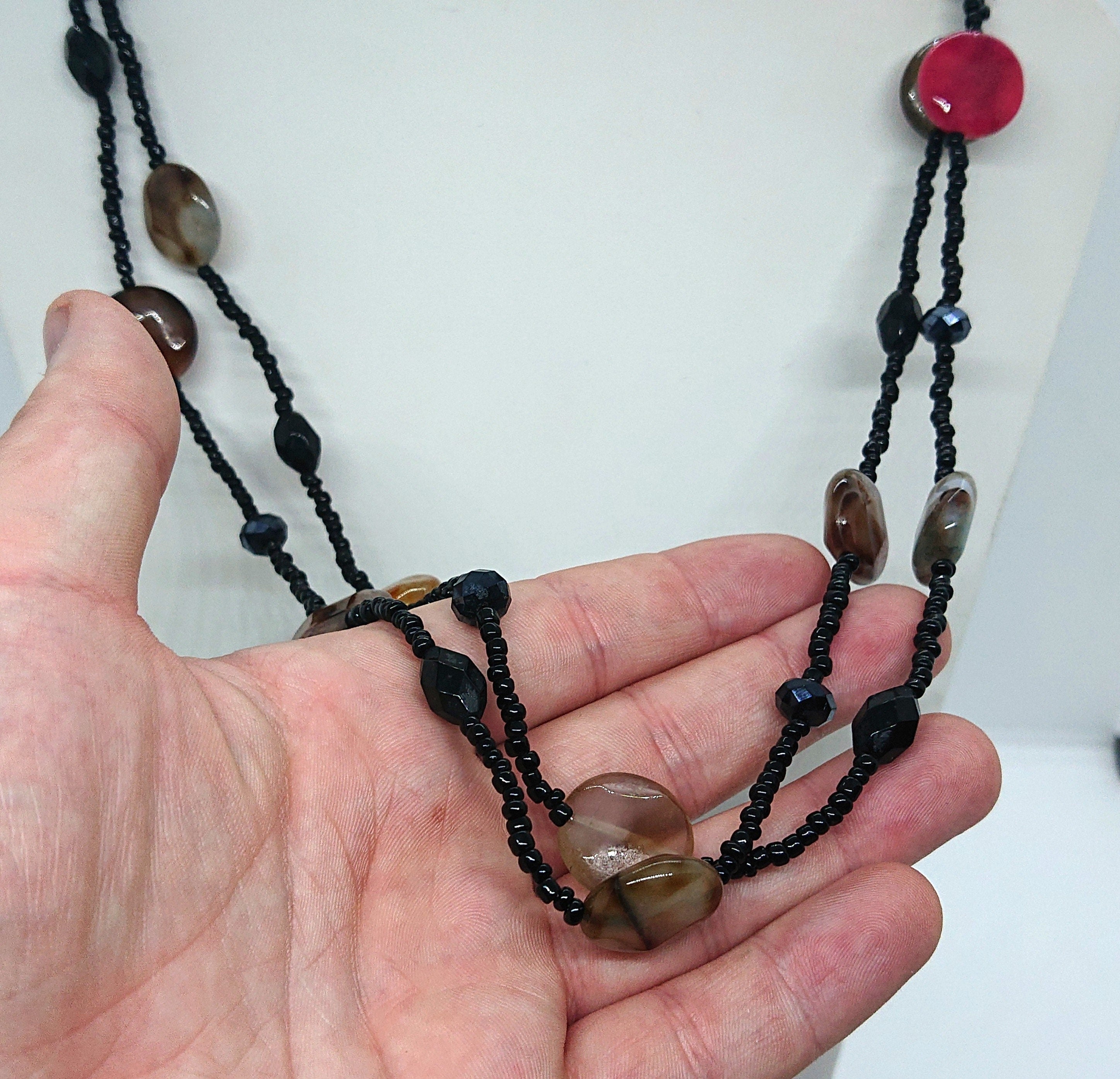 Vintage Pebble Beaded Necklace Long Jet Black A/B Lariat Glass Bead Costume Jewellery Jewelry