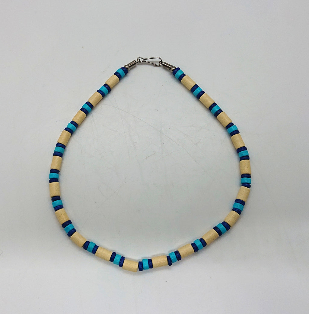 Vintage Ceramic Bead Necklace Retro Blue and White Beach Jewellery Hippie Surfer Jewelry