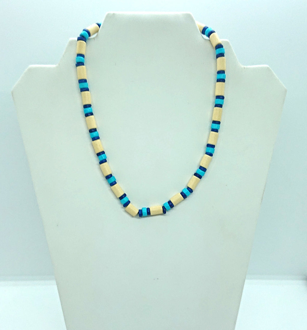 Vintage Ceramic Bead Necklace Retro Blue and White Beach Jewellery Hippie Surfer Jewelry
