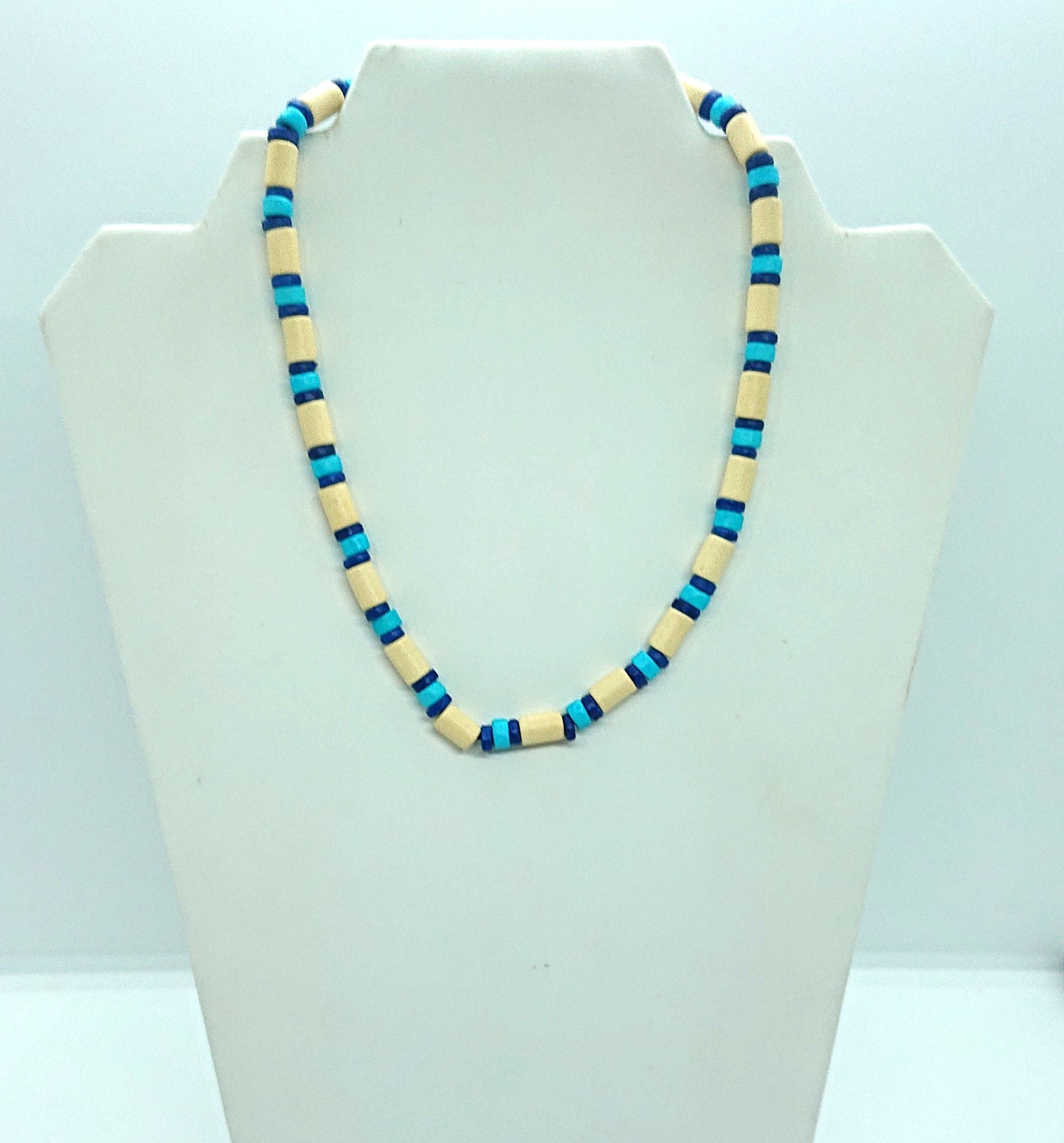 Vintage Ceramic Bead Necklace Retro Blue and White Beach Jewellery Hippie Surfer Jewelry