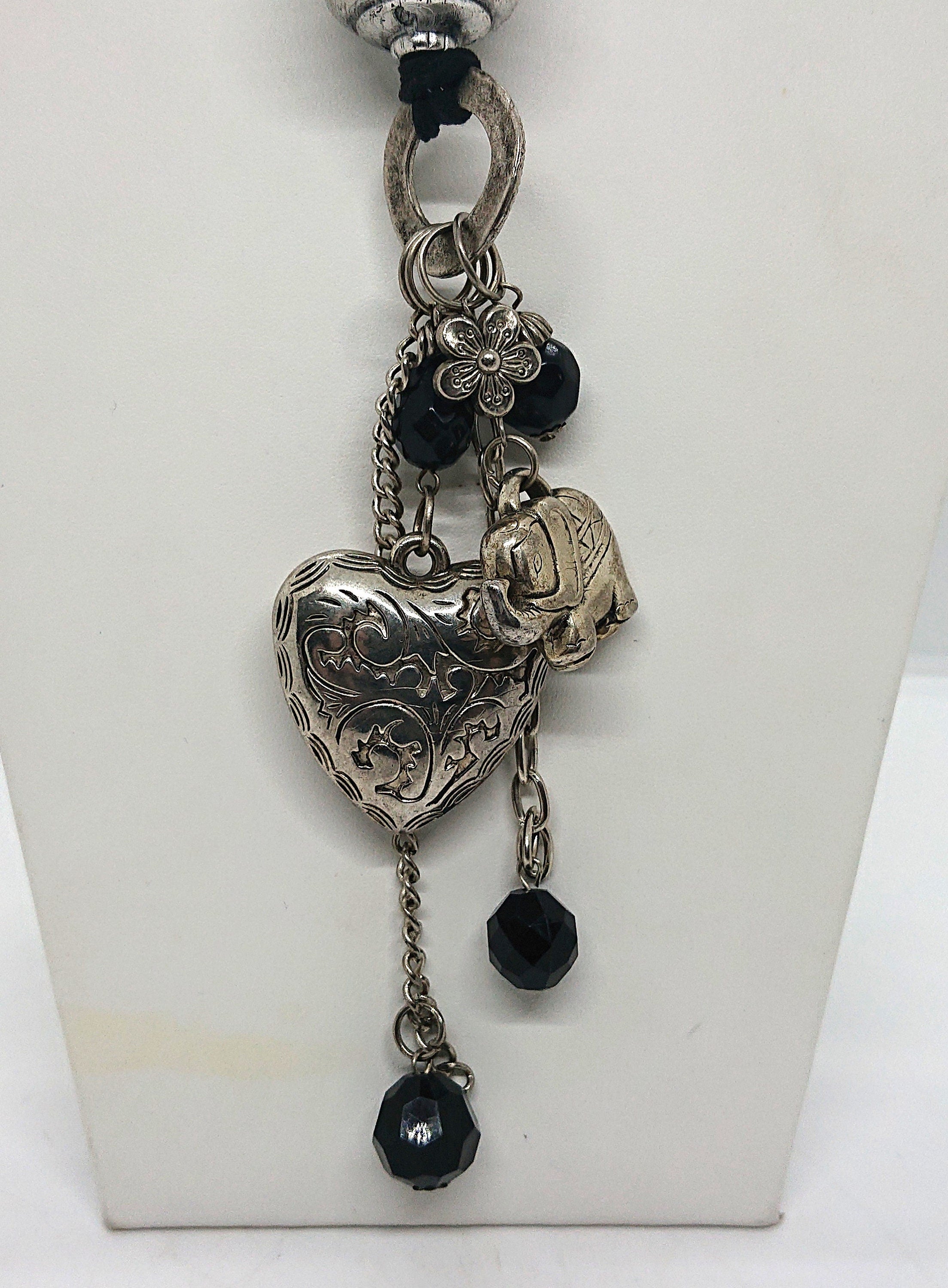 Vintage Silver Charm Necklace Heart, Flower, Elephant Charm Pendant Costume Jewellery Jewelry