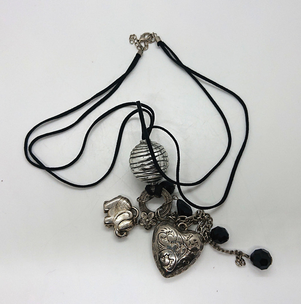 Vintage Silver Charm Necklace Heart, Flower, Elephant Charm Pendant Costume Jewellery Jewelry