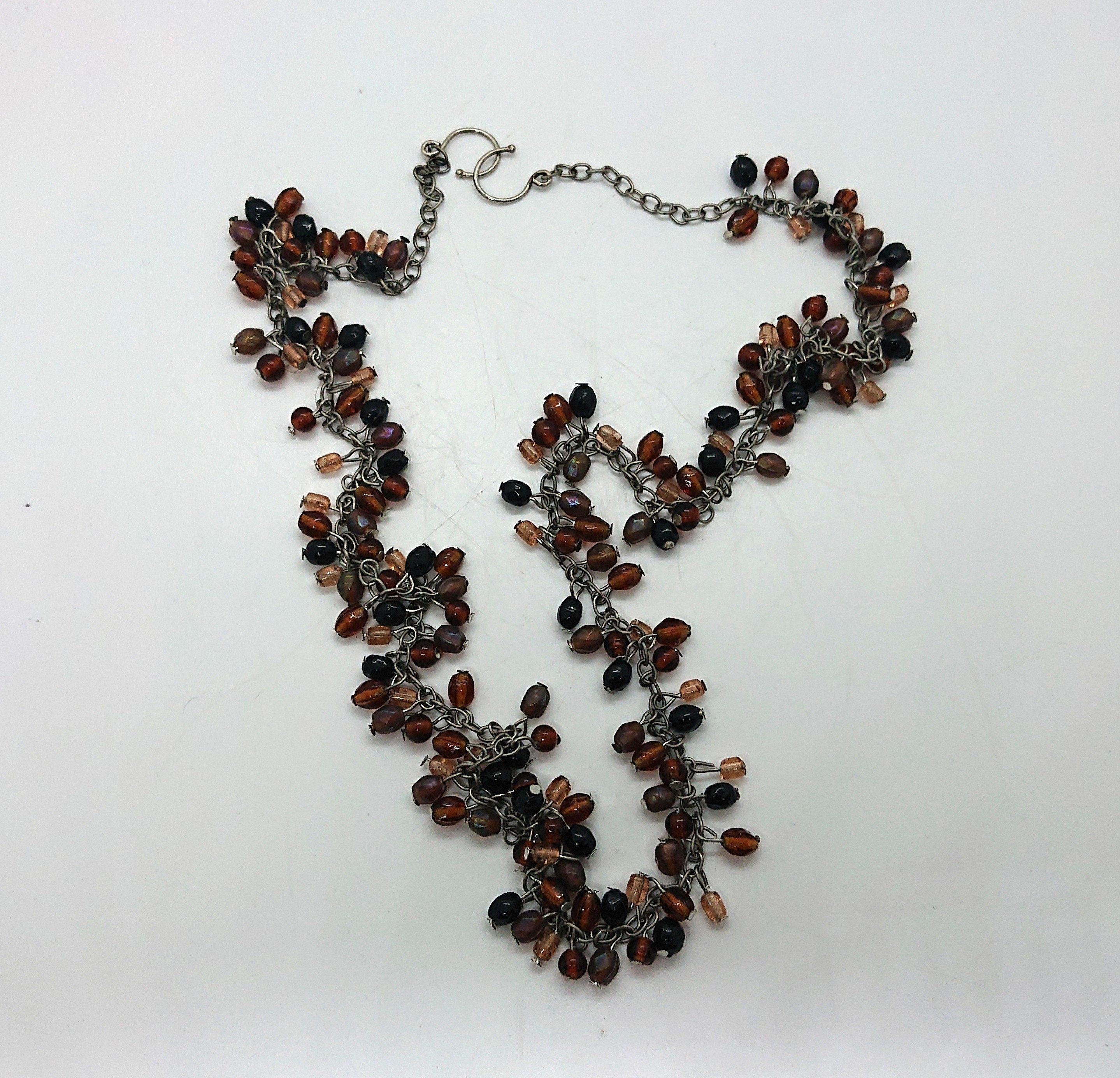 Vintage Glass Bead Necklace: Mocca Topaz & Copper Jewelry, 1940s Style