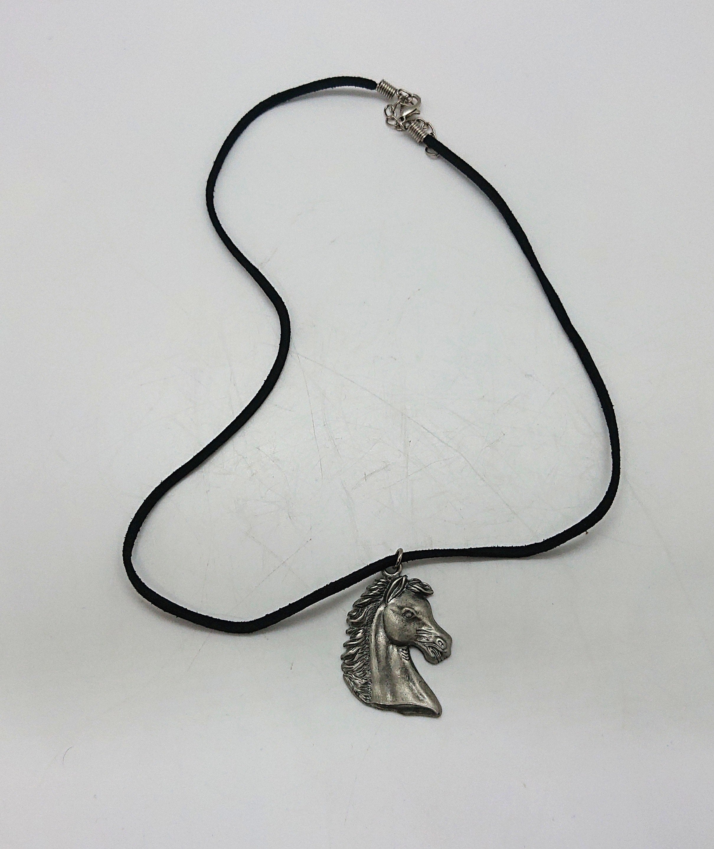 Vintage Pewter Horse Pendant Necklace Silver Costume Jewellery Jewelry