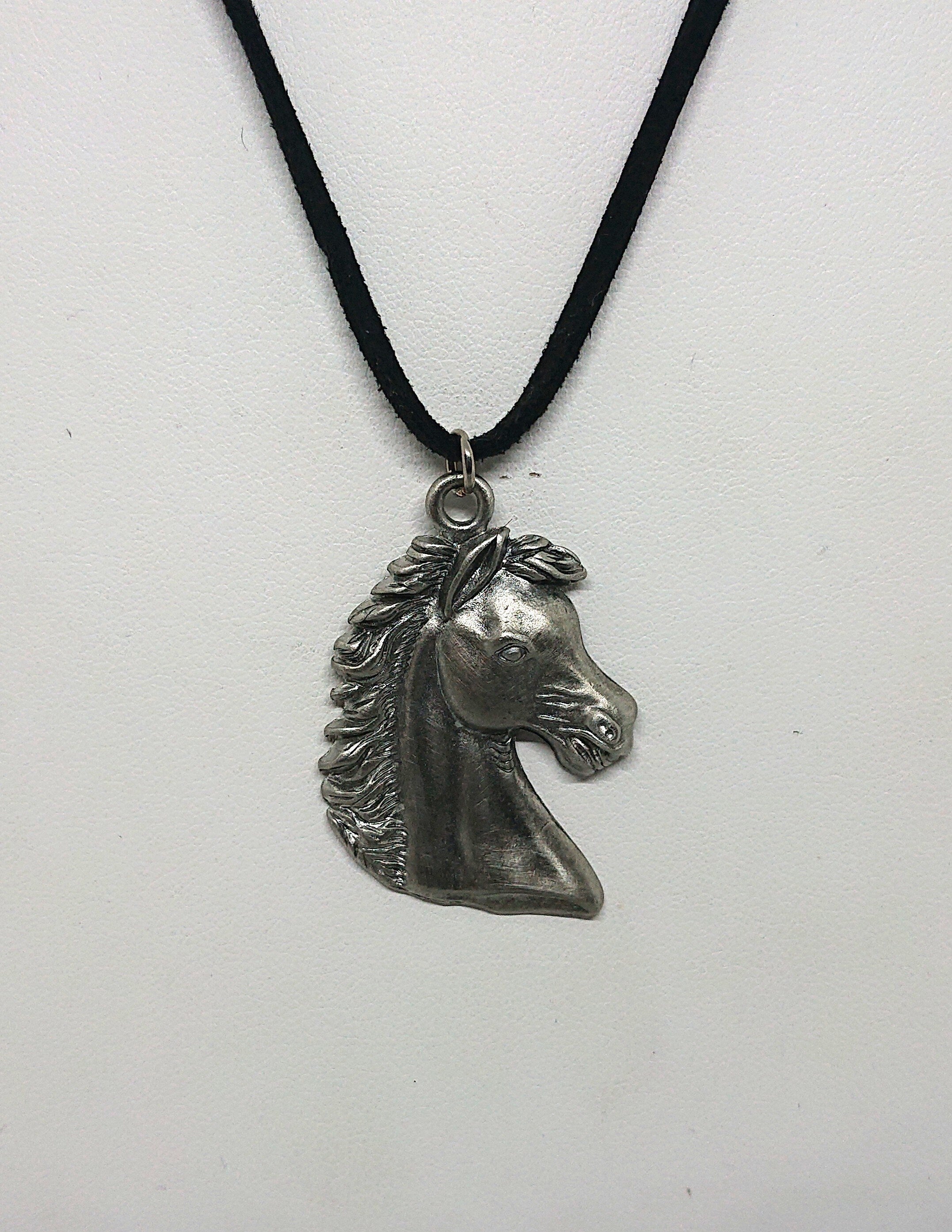 Vintage Pewter Horse Pendant Necklace Silver Costume Jewellery Jewelry