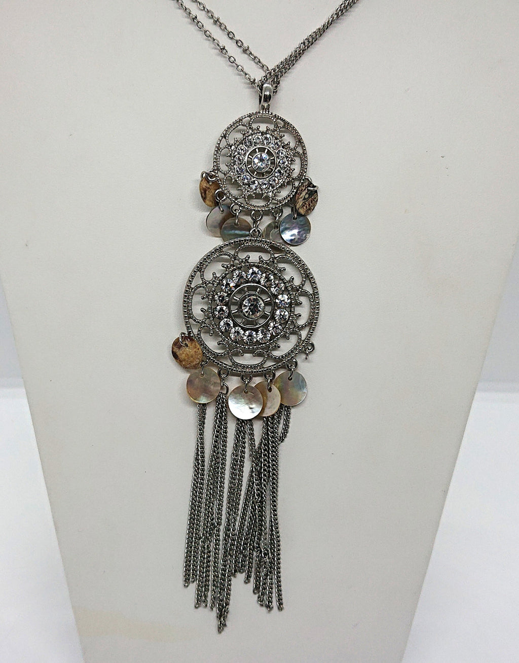 Vintage Silver Pendant Necklace Tassel Diamond Rhinestone long Chain Necklace Costume Jewellery Jewelry