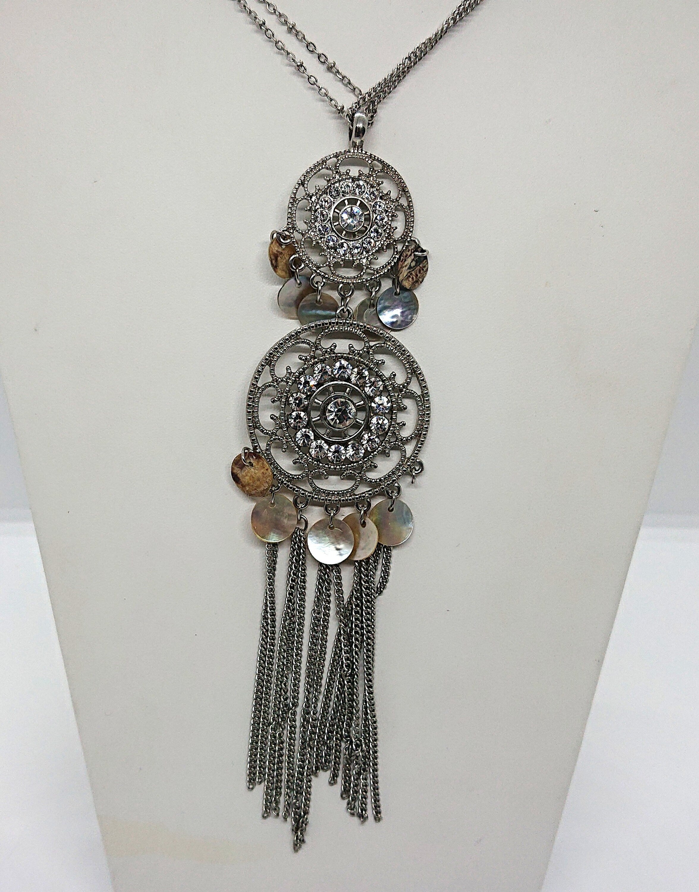 Vintage Silver Pendant Necklace Tassel Diamond Rhinestone long Chain Necklace Costume Jewellery Jewelry
