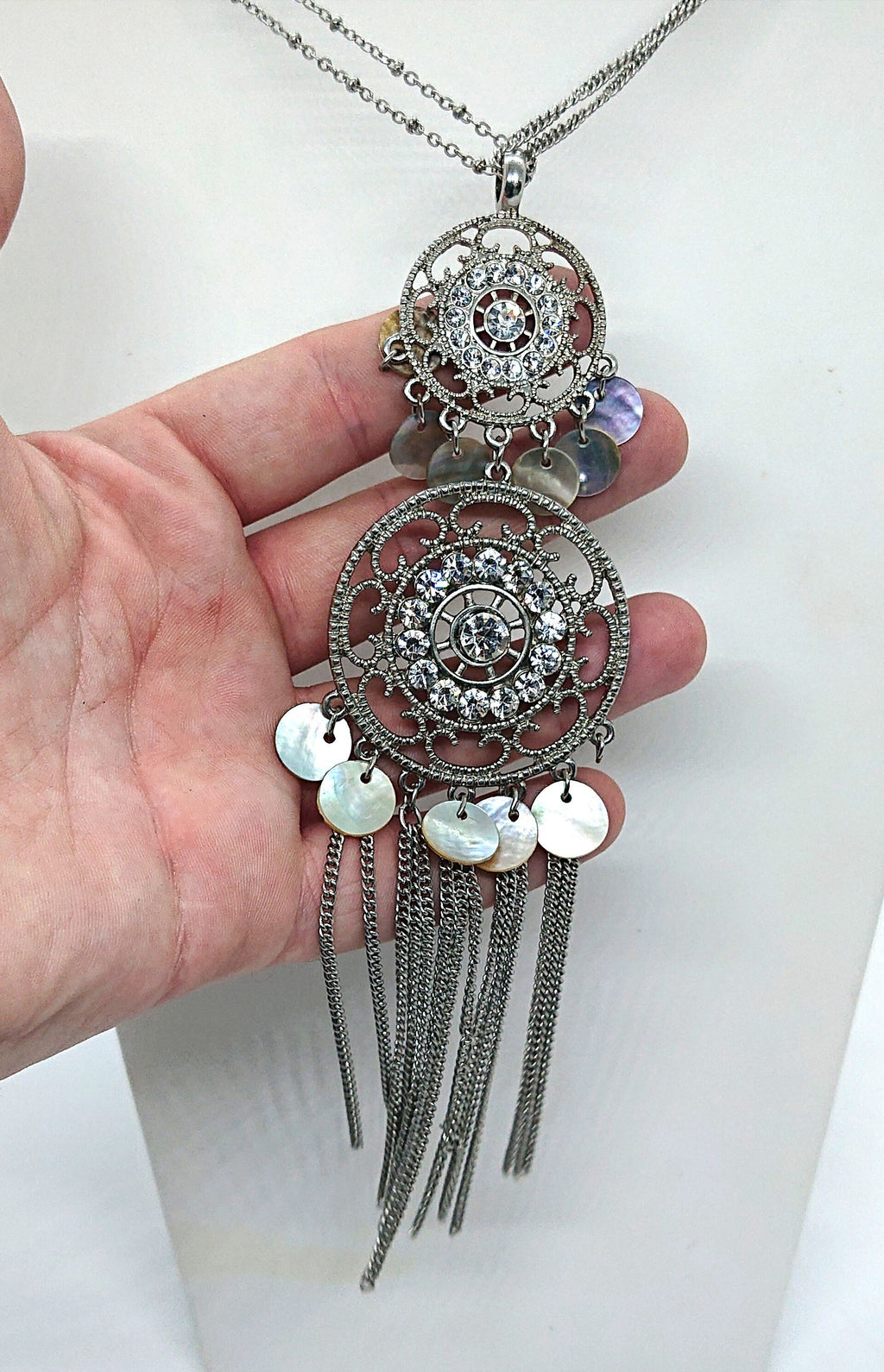 Vintage Silver Pendant Necklace Tassel Diamond Rhinestone long Chain Necklace Costume Jewellery Jewelry