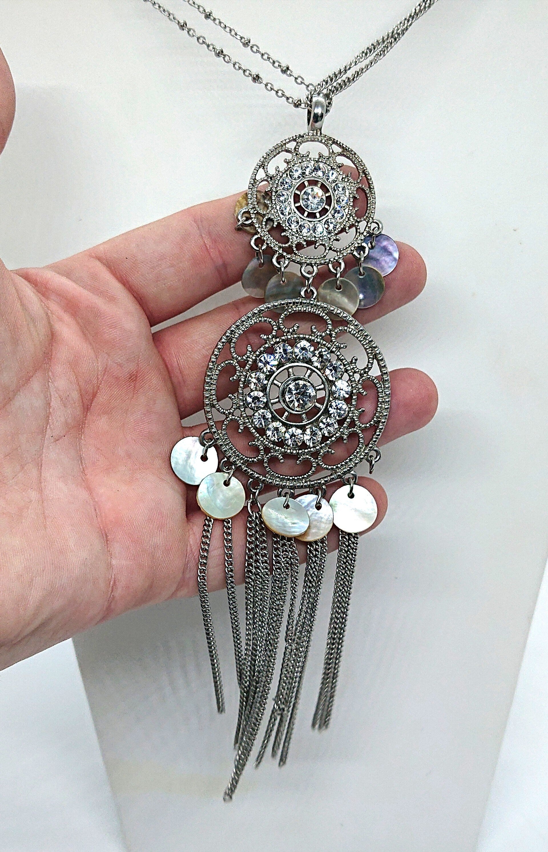 Vintage Silver Pendant Necklace Tassel Diamond Rhinestone long Chain Necklace Costume Jewellery Jewelry