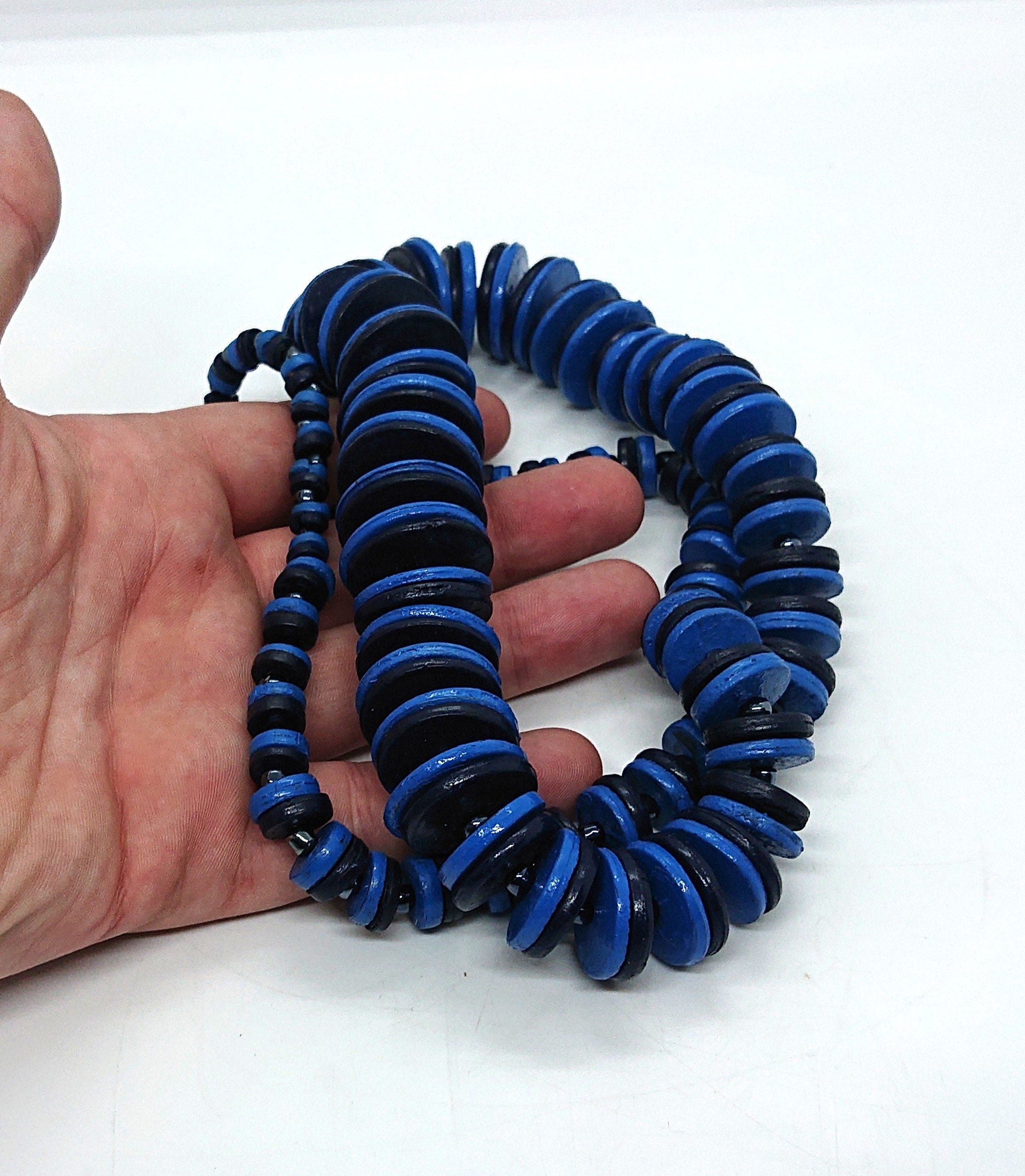 Vintage Wooden Necklace Blue Button Beads Retro Beaded Necklace Costume Jewellery Jewelry