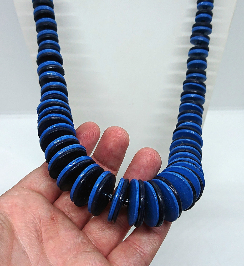Vintage Wooden Necklace Blue Button Beads Retro Beaded Necklace Costume Jewellery Jewelry