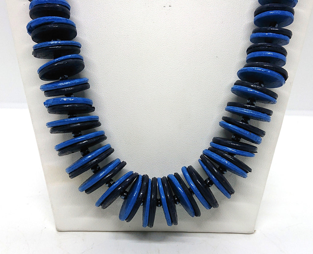 Vintage Wooden Necklace Blue Button Beads Retro Beaded Necklace Costume Jewellery Jewelry