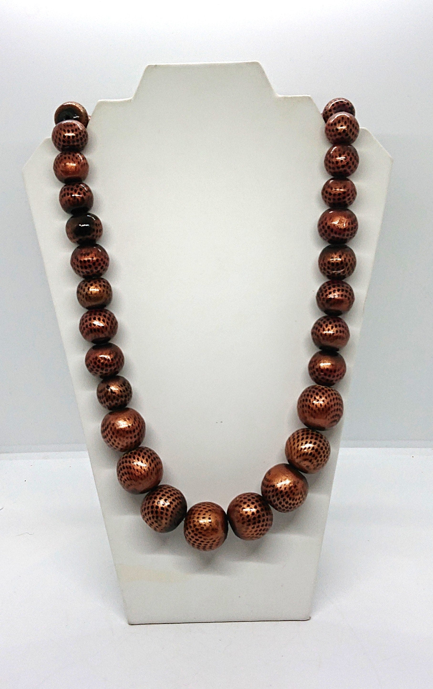 Vintage Gold Wooden Beaded Necklace, Animal Print Costume Jewelry