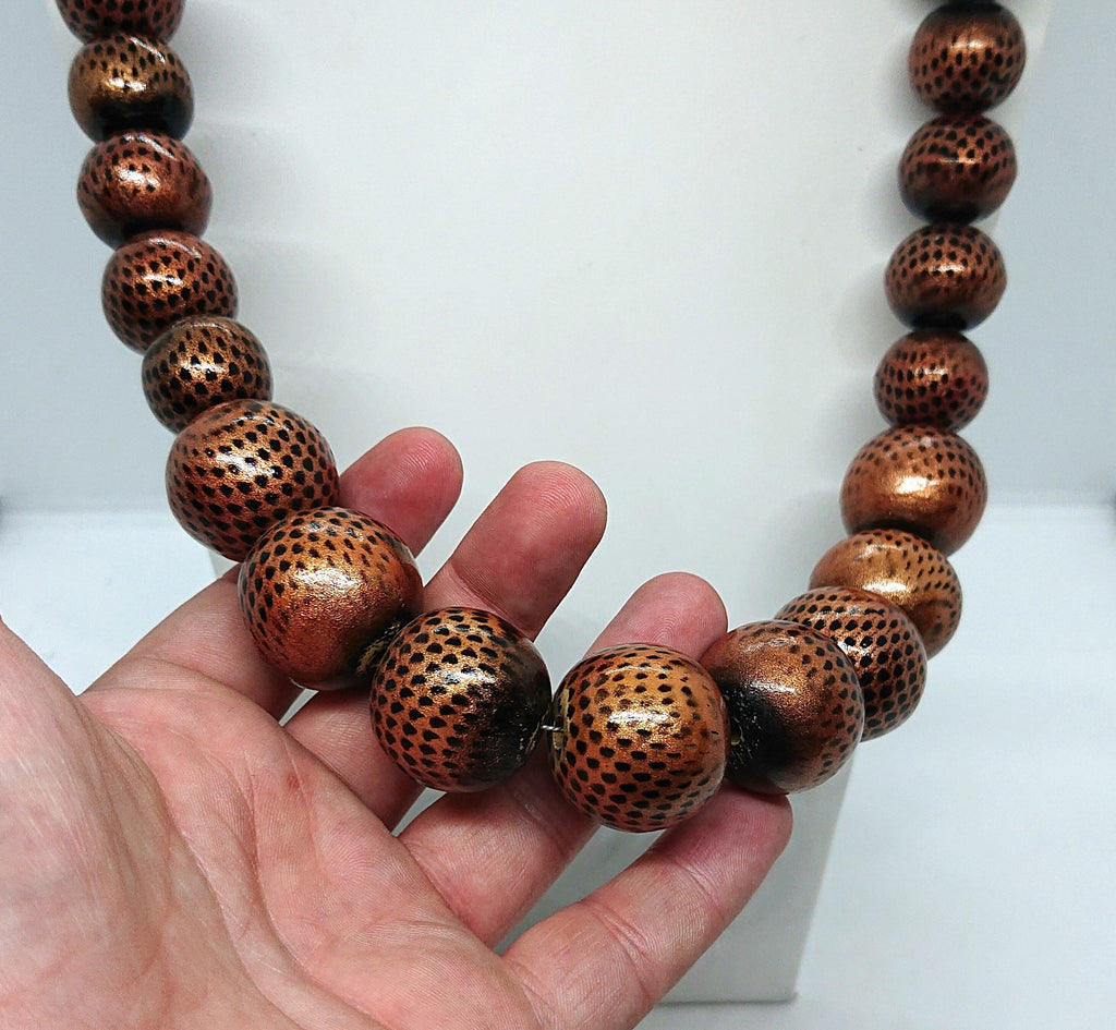 Vintage Gold Wooden Beaded Necklace, Animal Print Costume Jewelry