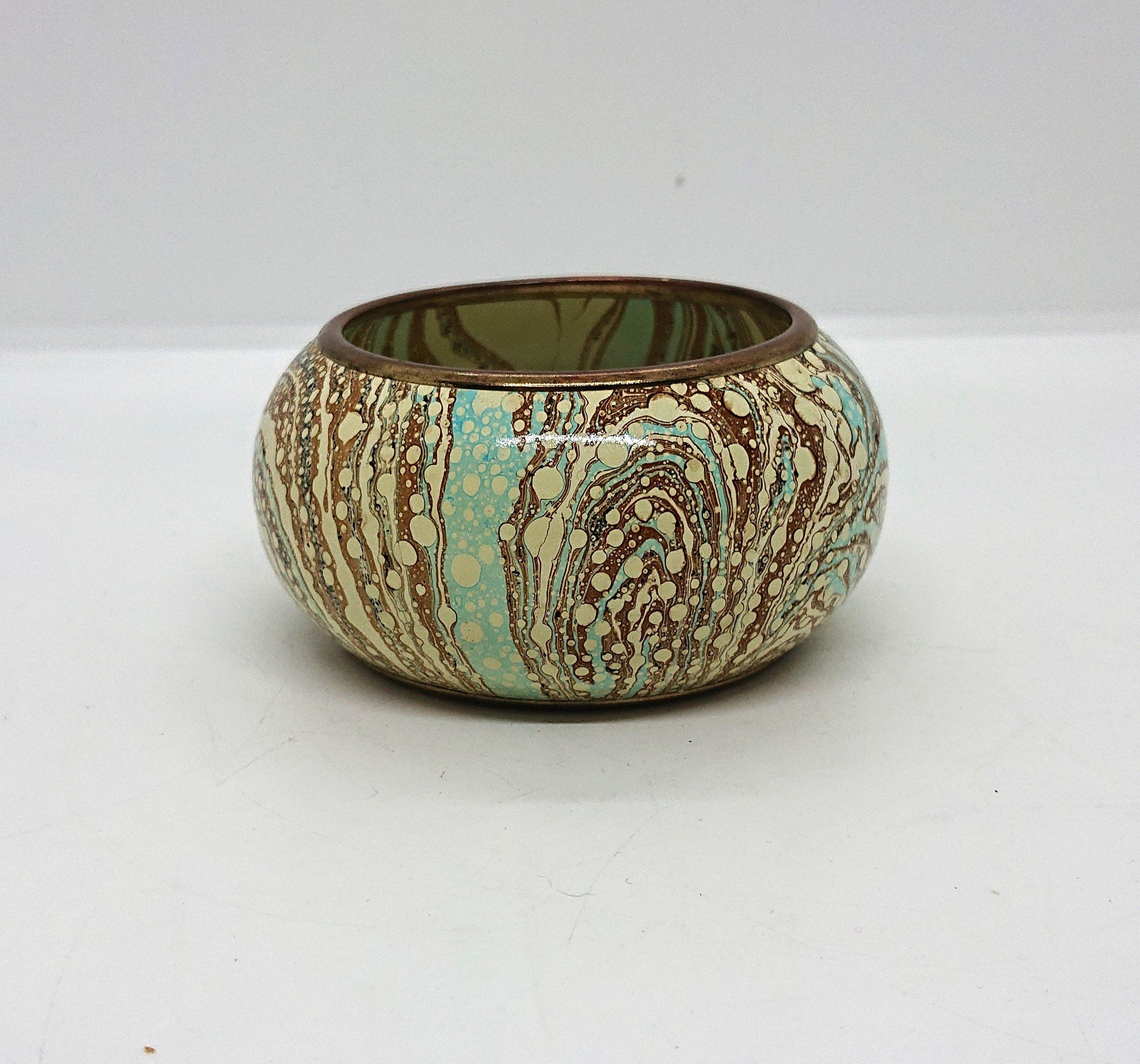 Vintage Chunky Metal Bangle, Blue White Marbled Effect