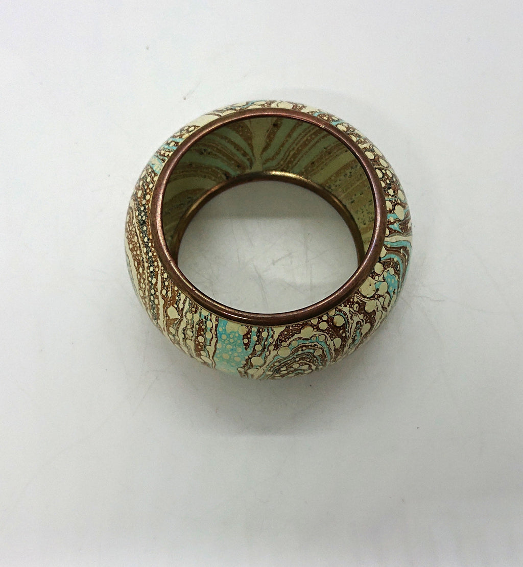 Vintage Chunky Metal Bangle, Blue White Marbled Effect