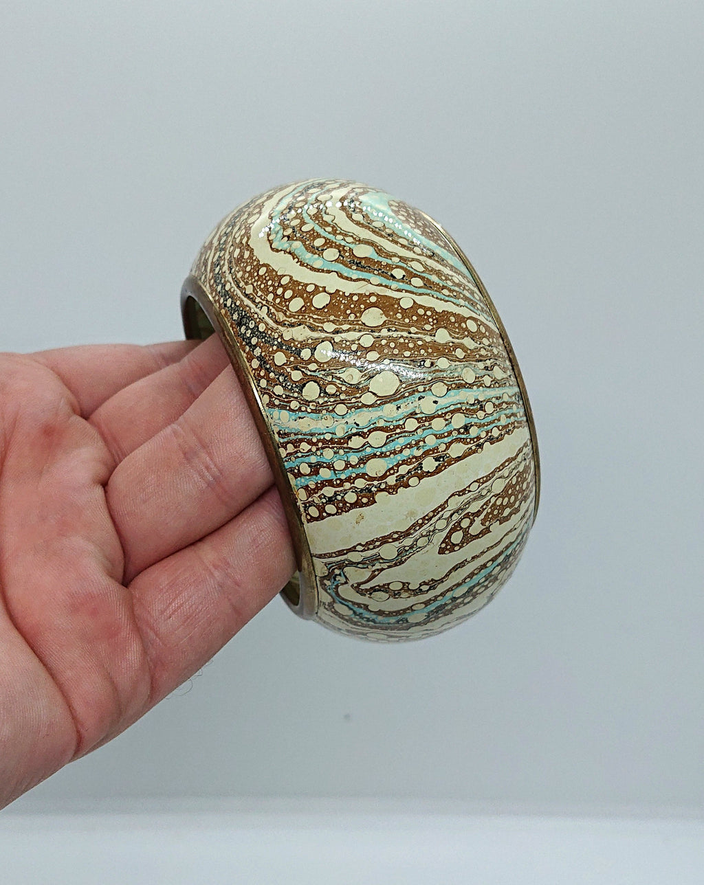 Vintage Chunky Metal Bangle, Blue White Marbled Effect