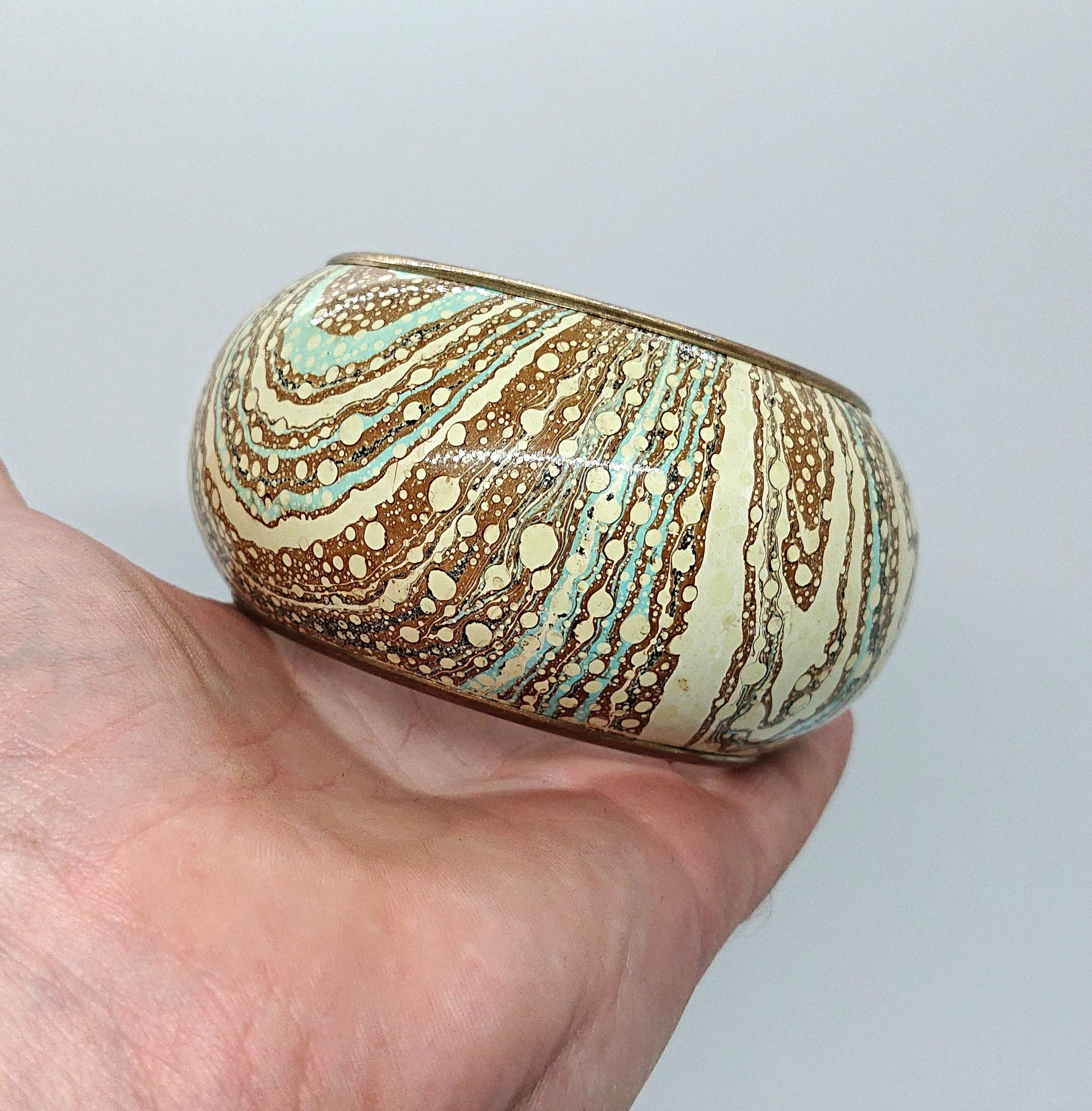 Vintage Chunky Metal Bangle, Blue White Marbled Effect